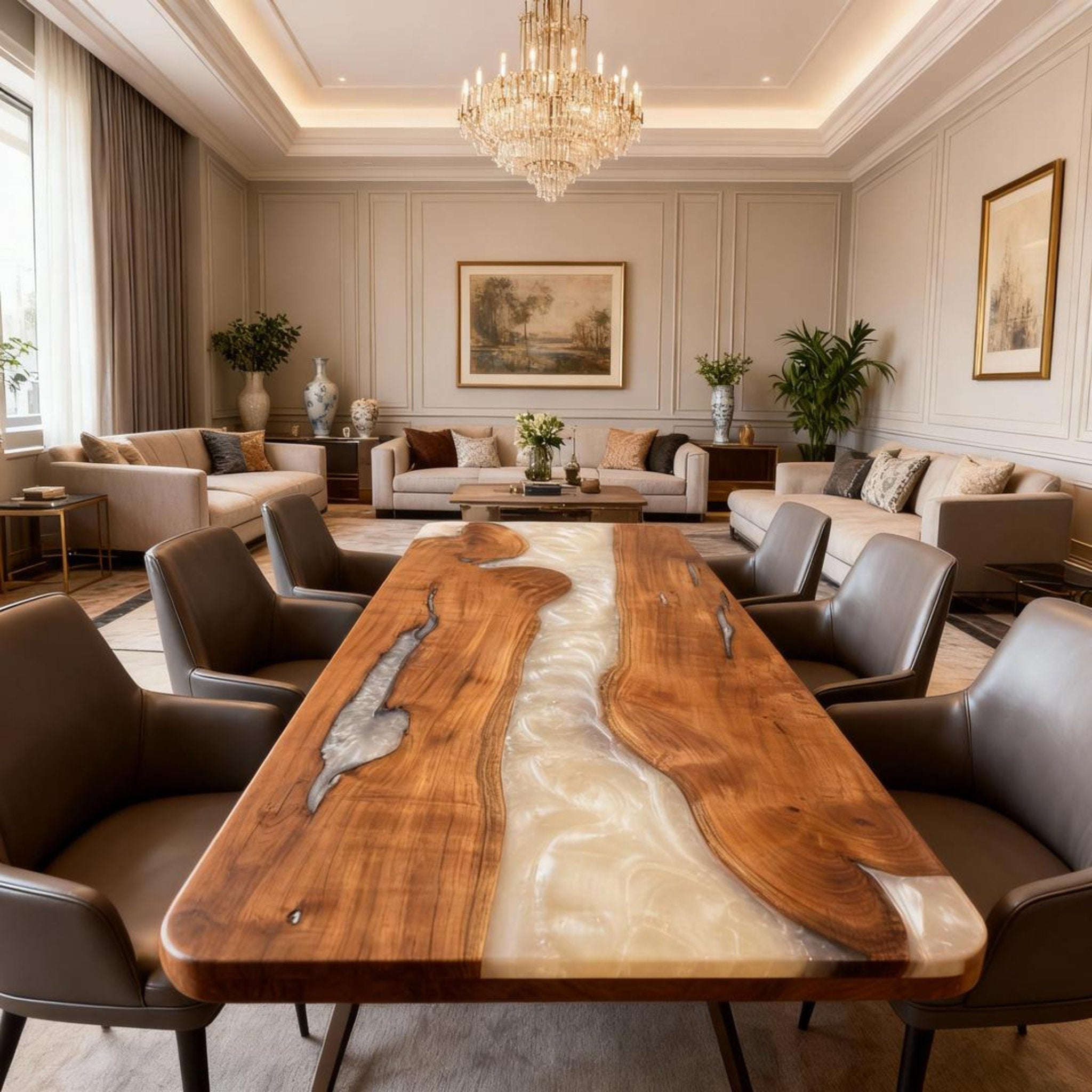 Table rivière personnalisée en résine époxy noyer noir et résine perle d'albâtre VJP-673