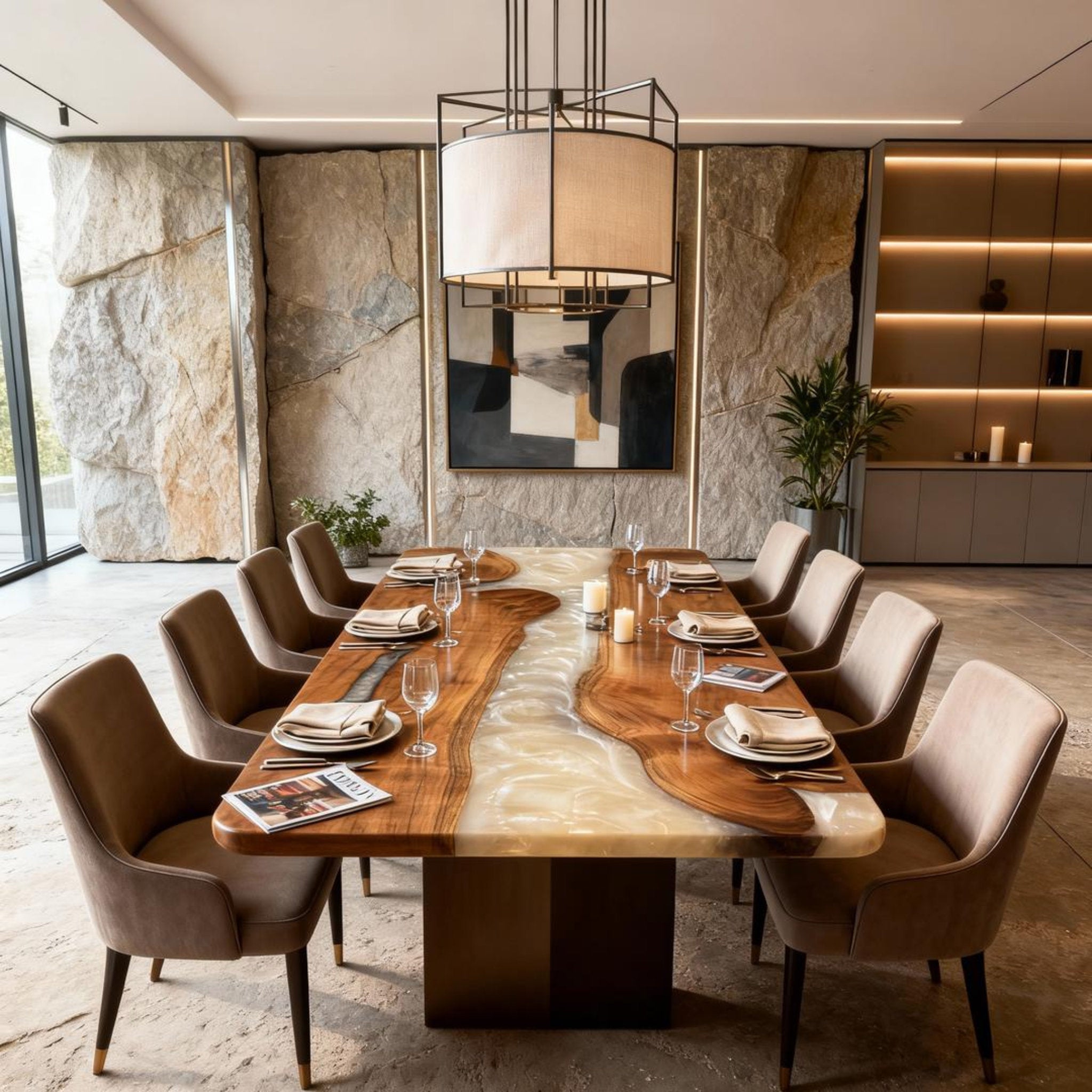 Table rivière personnalisée en résine époxy noyer noir et résine perle d'albâtre VJP-673