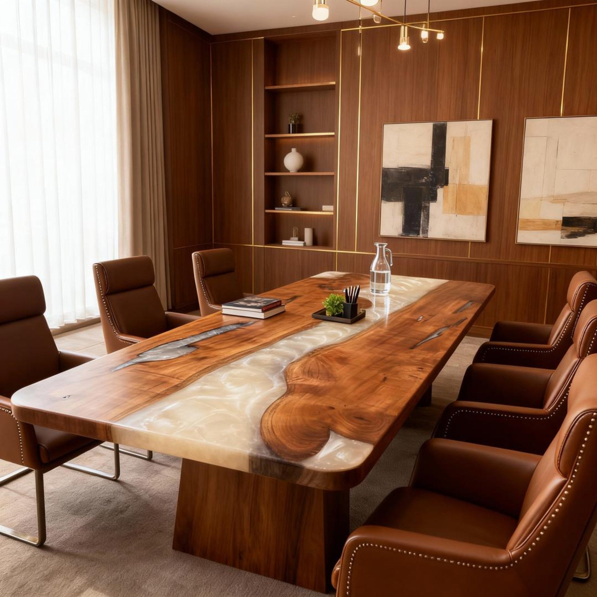 Table rivière personnalisée en résine époxy noyer noir et résine perle d'albâtre VJP-673