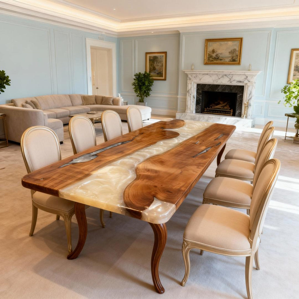 Table rivière personnalisée en résine époxy noyer noir et résine perle d'albâtre VJP-673