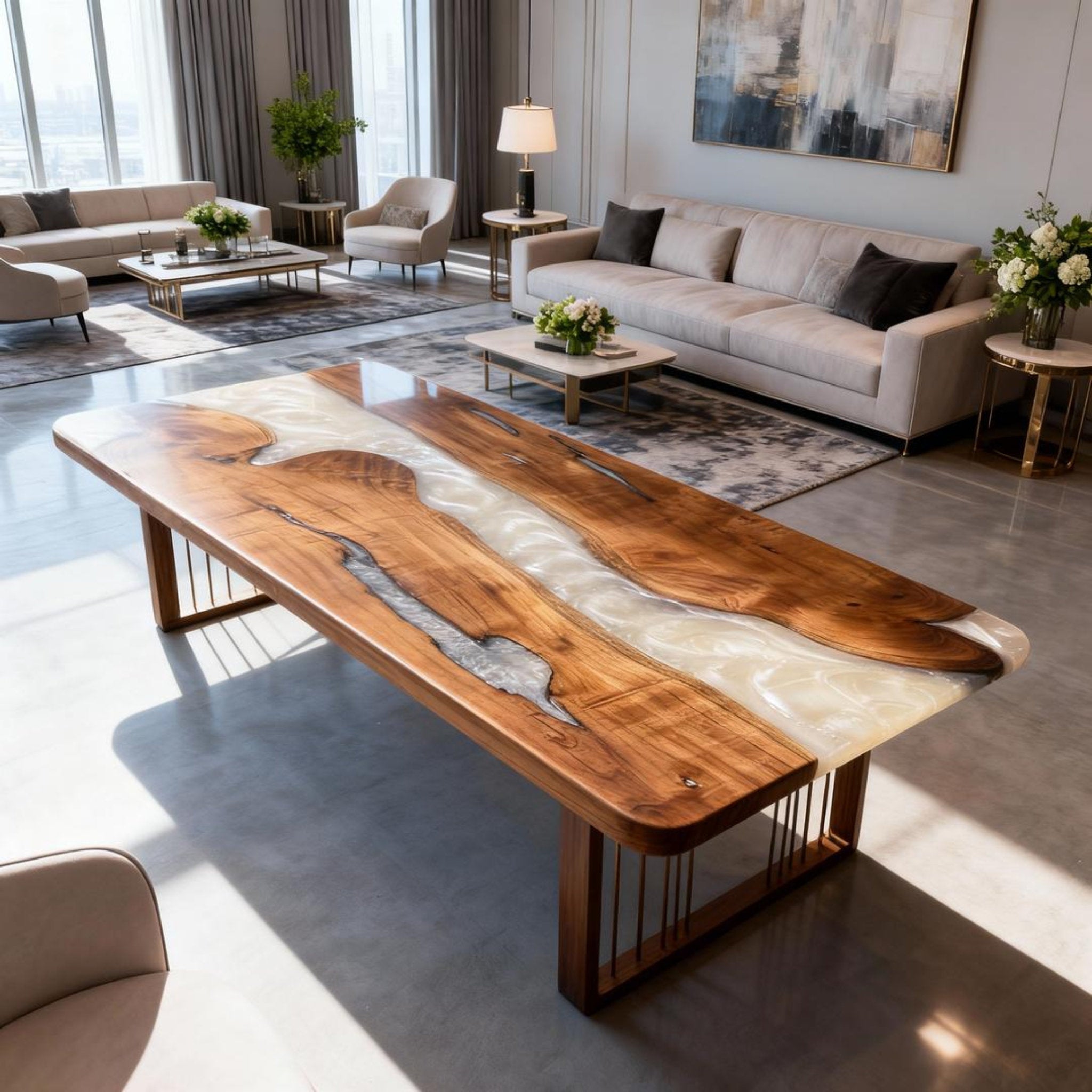 Table rivière personnalisée en résine époxy noyer noir et résine perle d'albâtre VJP-673