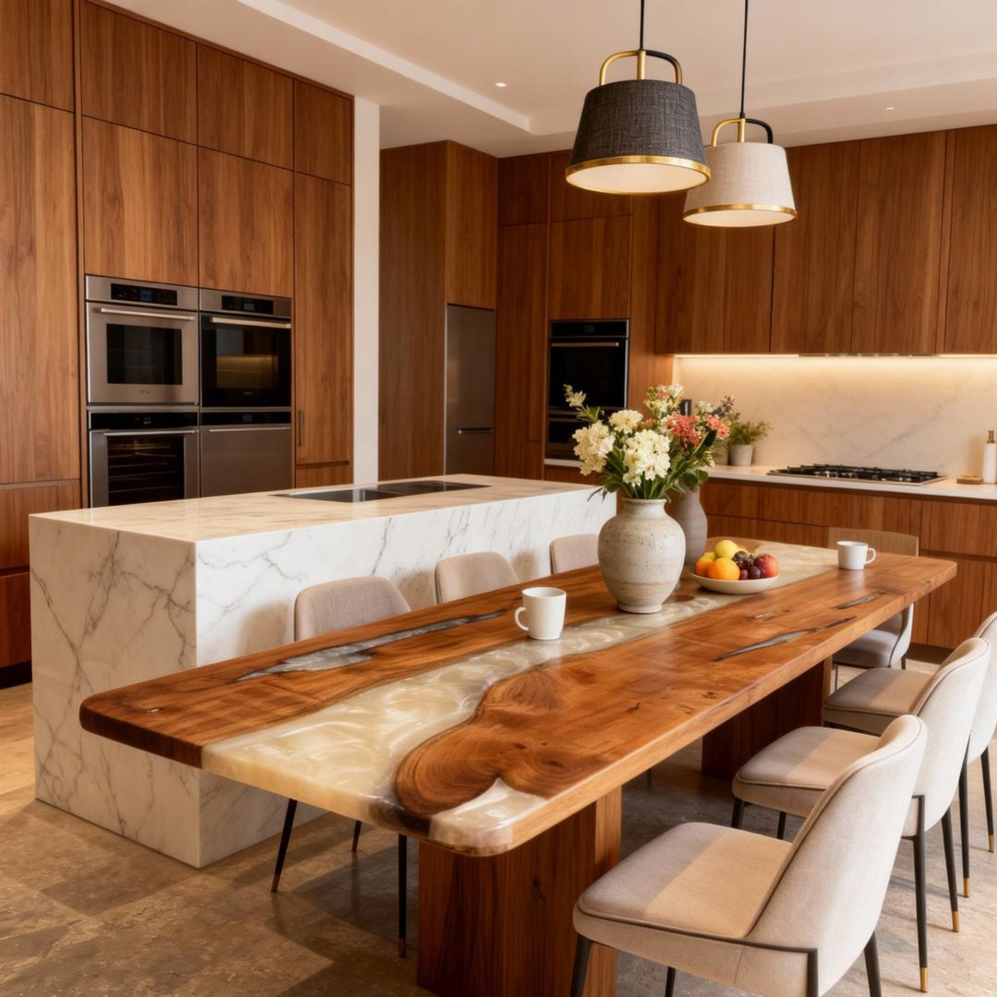 Table rivière personnalisée en résine époxy noyer noir et résine perle d'albâtre VJP-673