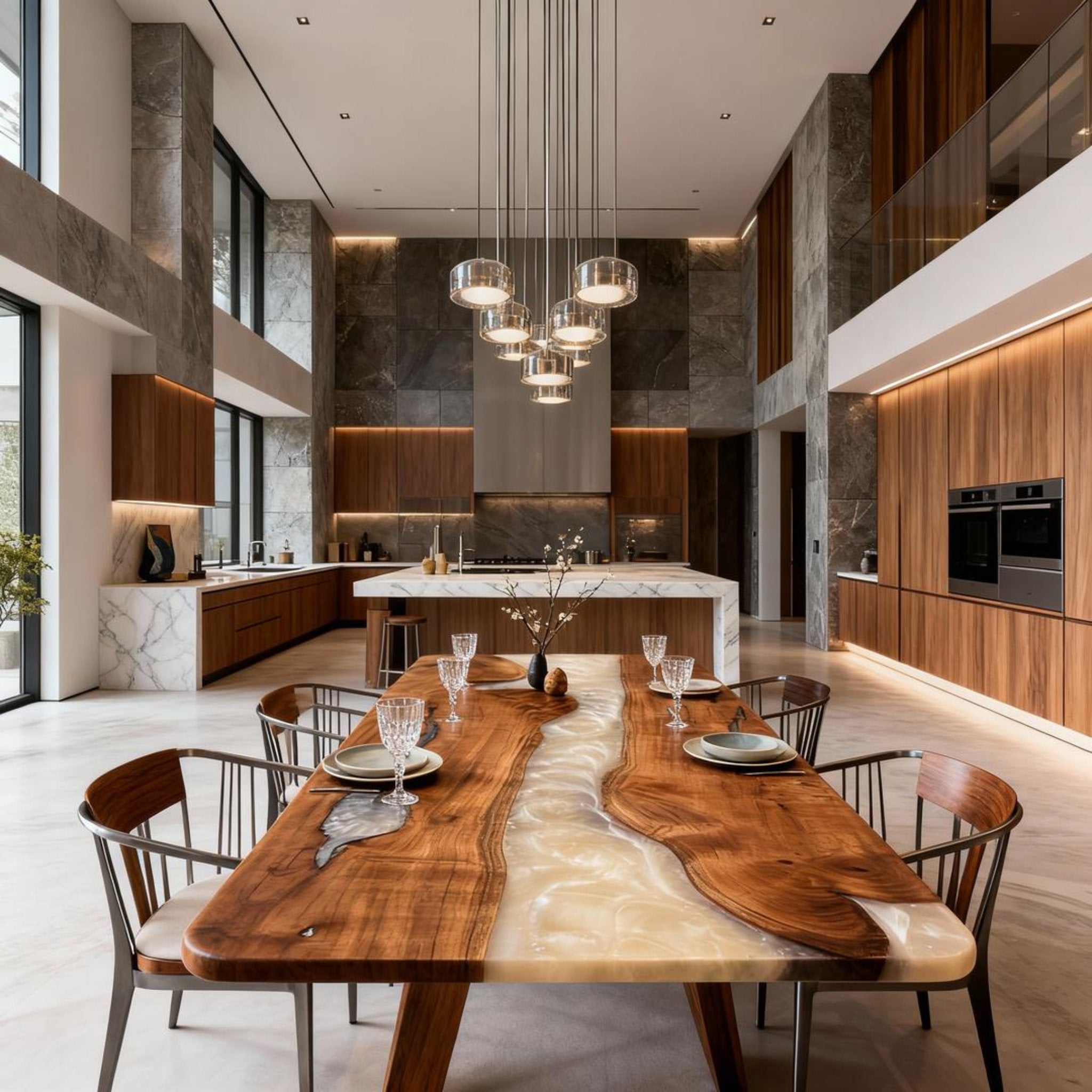 Table rivière personnalisée en résine époxy noyer noir et résine perle d'albâtre VJP-673