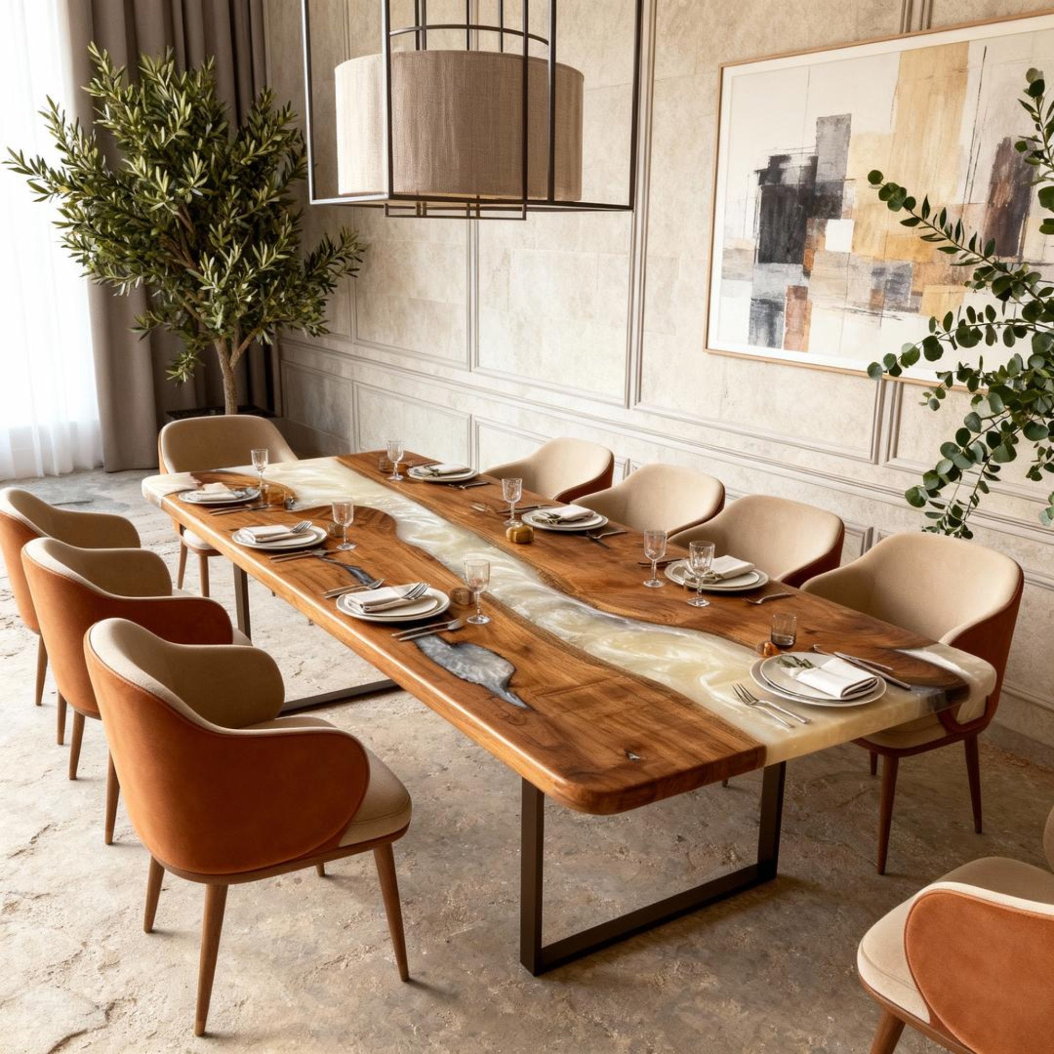 Table rivière personnalisée en résine époxy noyer noir et résine perle d'albâtre VJP-673