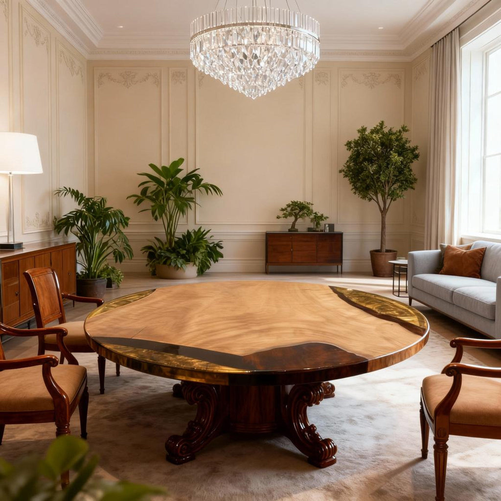 Table rivière personnalisée en résine époxy et noyer noir, couleur ambre, or noir, perle QNZ-874