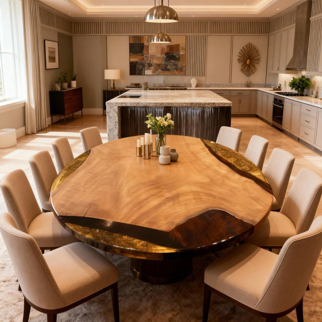 Table rivière personnalisée en résine époxy et noyer noir, couleur ambre, or noir, perle QNZ-874