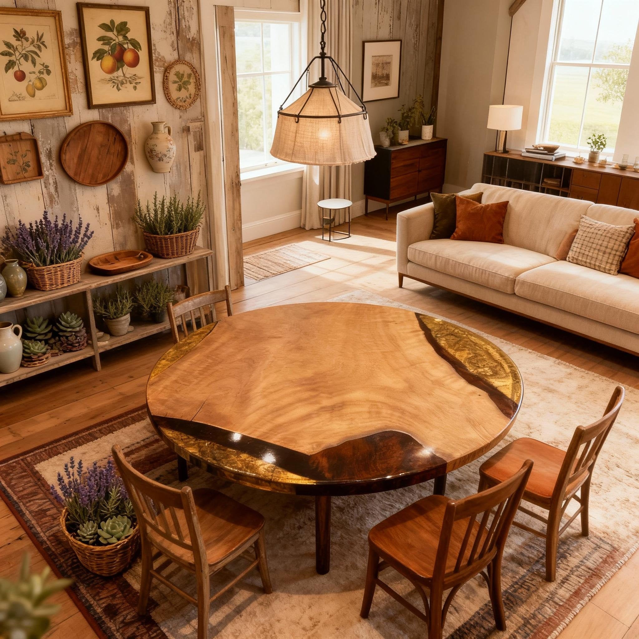 Table rivière personnalisée en résine époxy et noyer noir, couleur ambre, or noir, perle QNZ-874