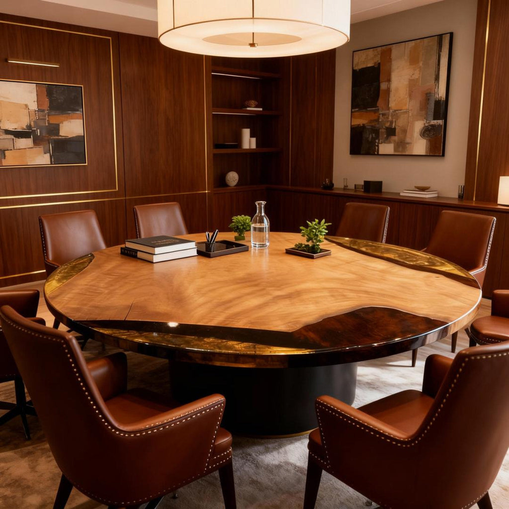 Table rivière personnalisée en résine époxy et noyer noir, couleur ambre, or noir, perle QNZ-874