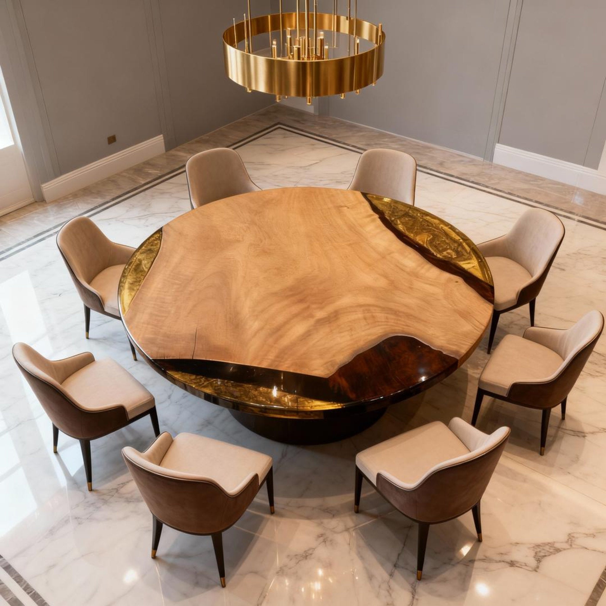 Table rivière personnalisée en résine époxy et noyer noir, couleur ambre, or noir, perle QNZ-874