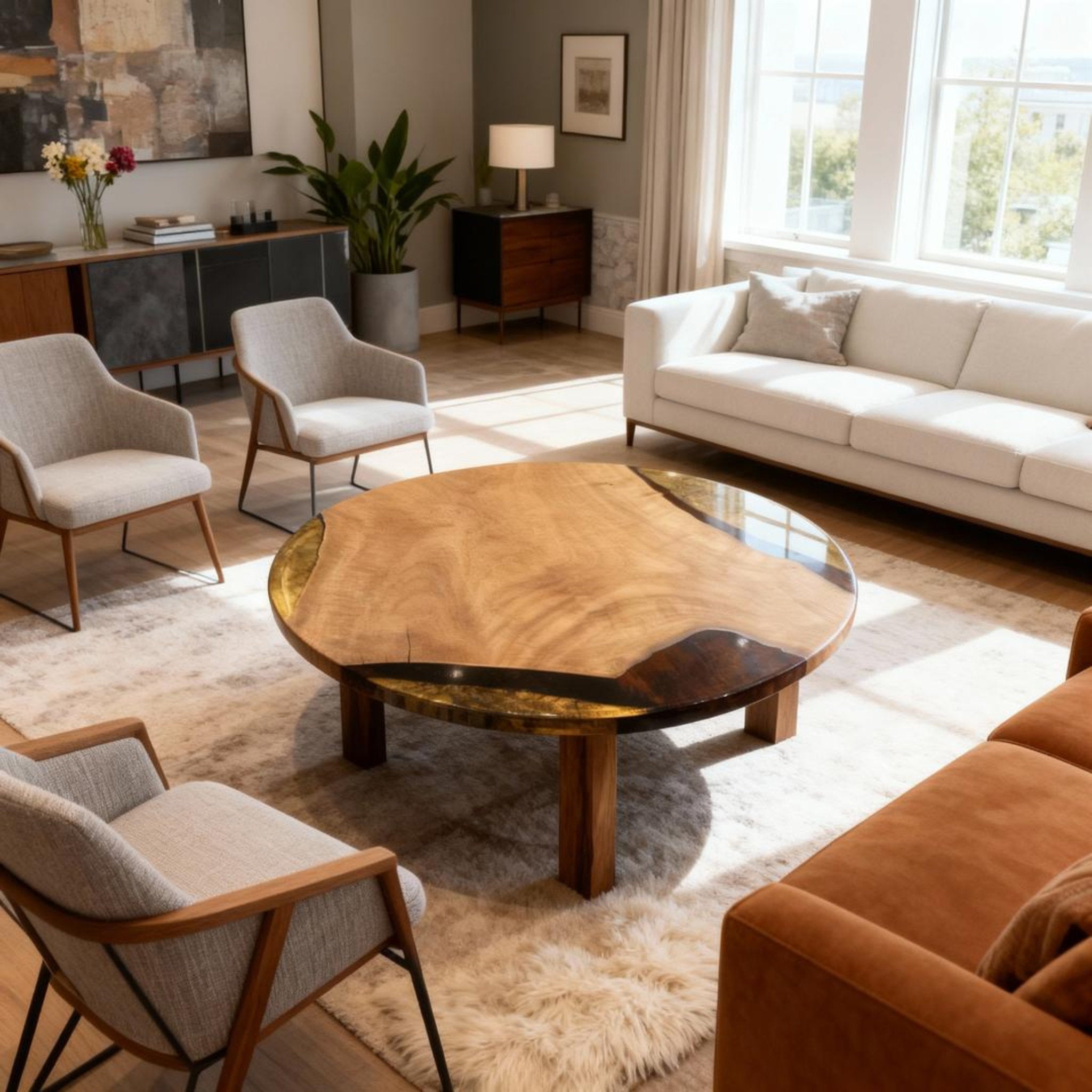 Table rivière personnalisée en résine époxy et noyer noir, couleur ambre, or noir, perle QNZ-874