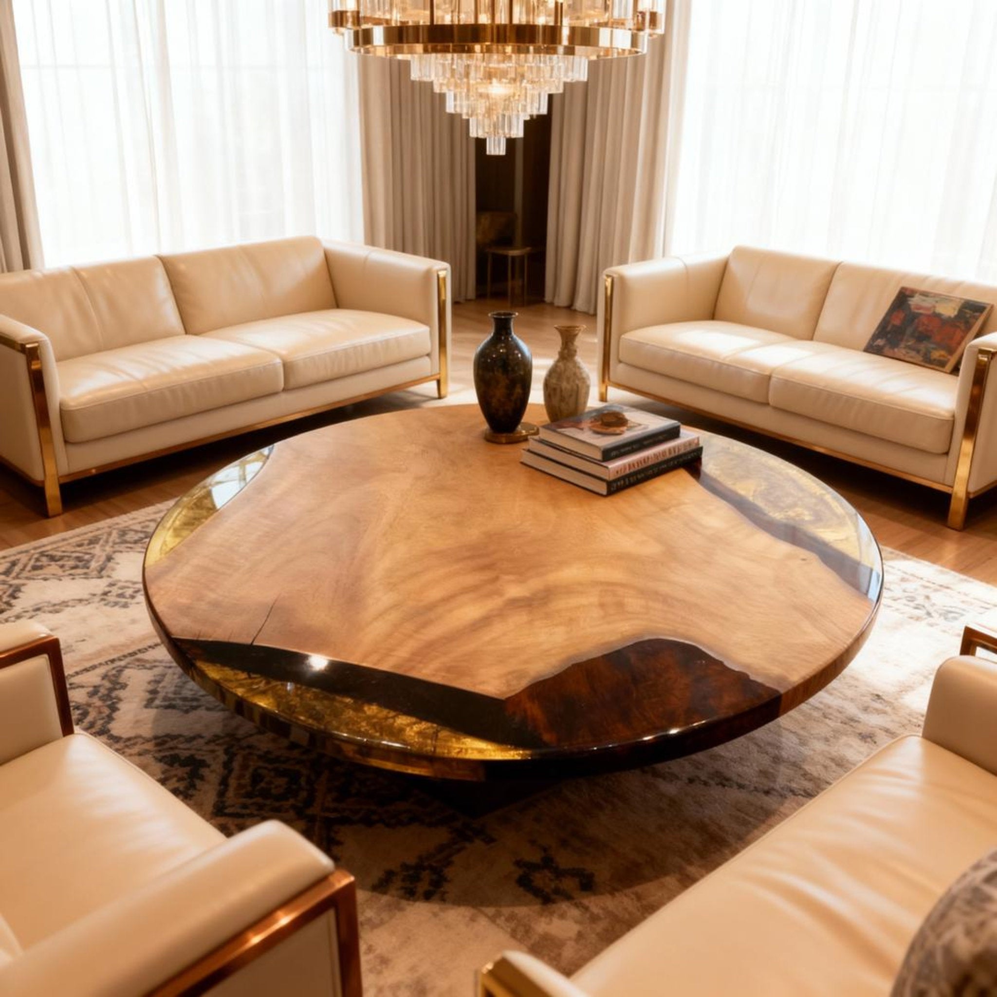 Table rivière personnalisée en résine époxy et noyer noir, couleur ambre, or noir, perle QNZ-874