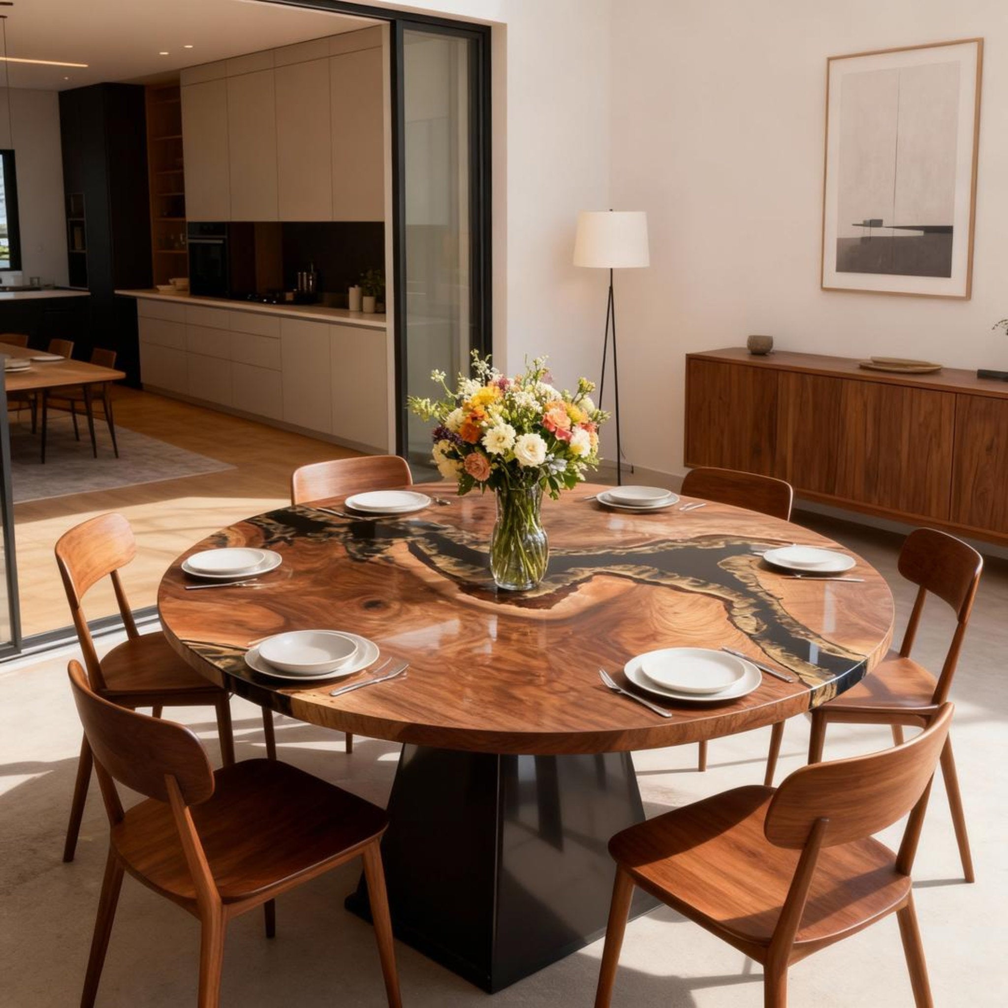 Table rivière sur mesure en résine époxy et noyer noir, Black Pearl JPT-673