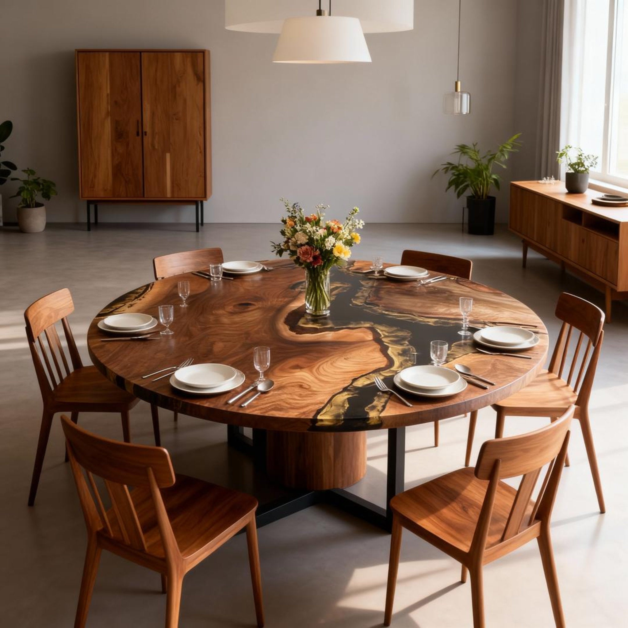 Table rivière sur mesure en résine époxy et noyer noir, Black Pearl JPT-673