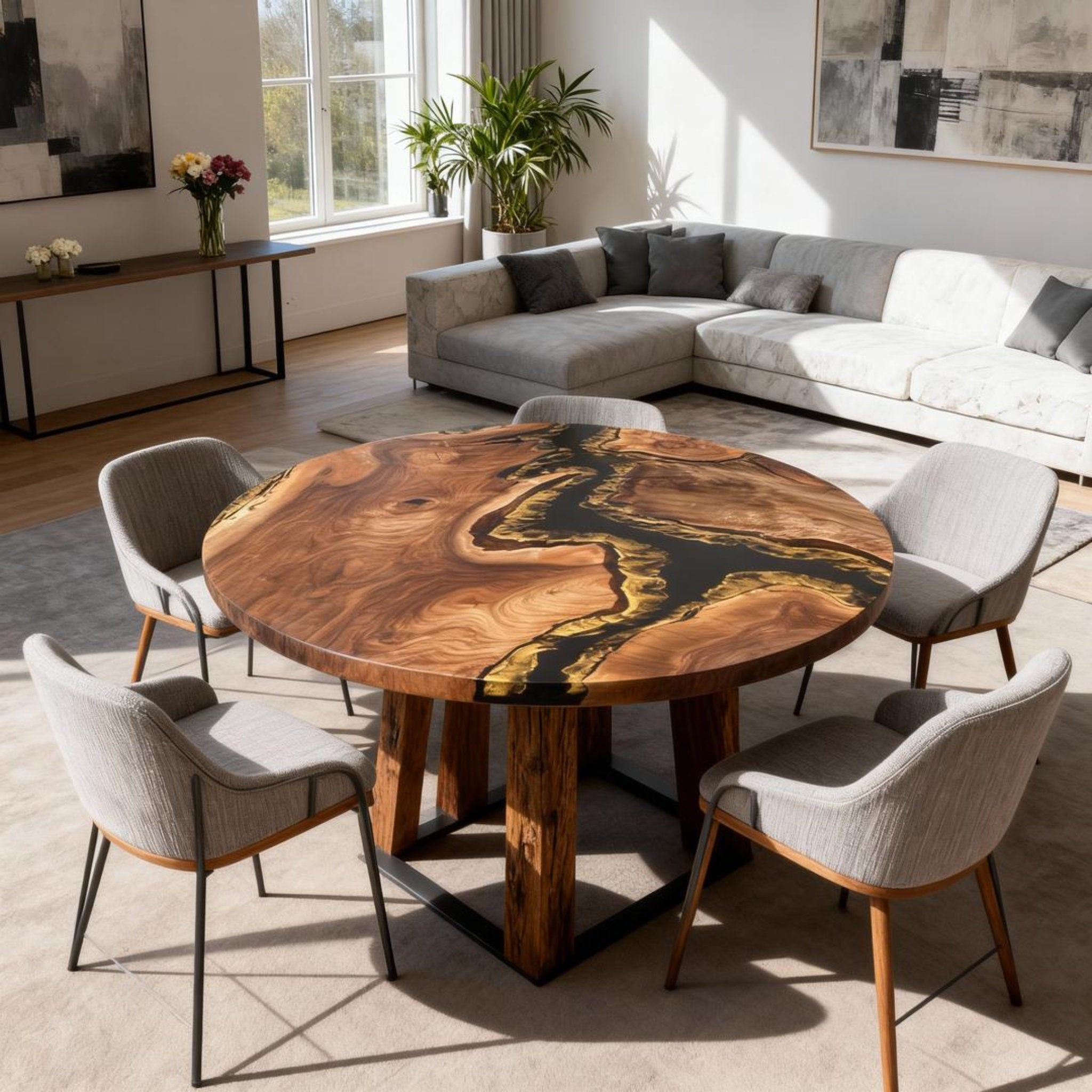 Table rivière sur mesure en résine époxy et noyer noir, Black Pearl JPT-673