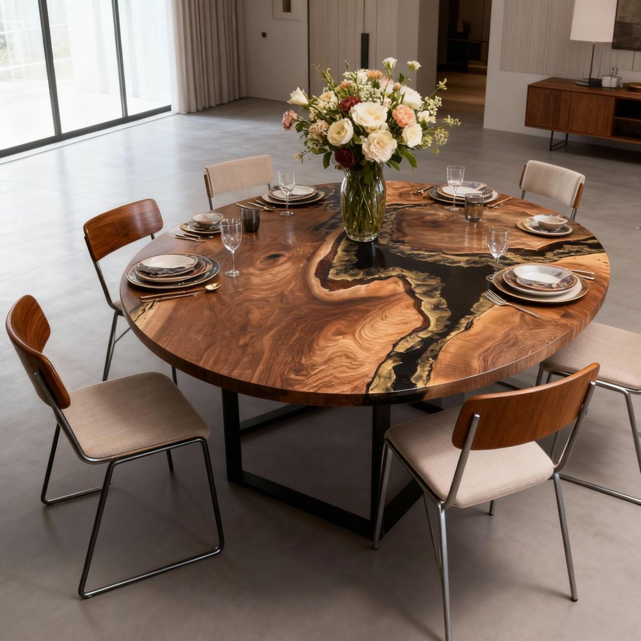 Table rivière sur mesure en résine époxy et noyer noir, Black Pearl JPT-673