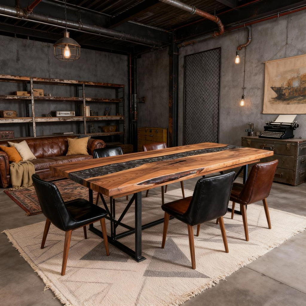 Table rivière sur mesure en résine époxy et noyer noir, Black Pearl NGX-472