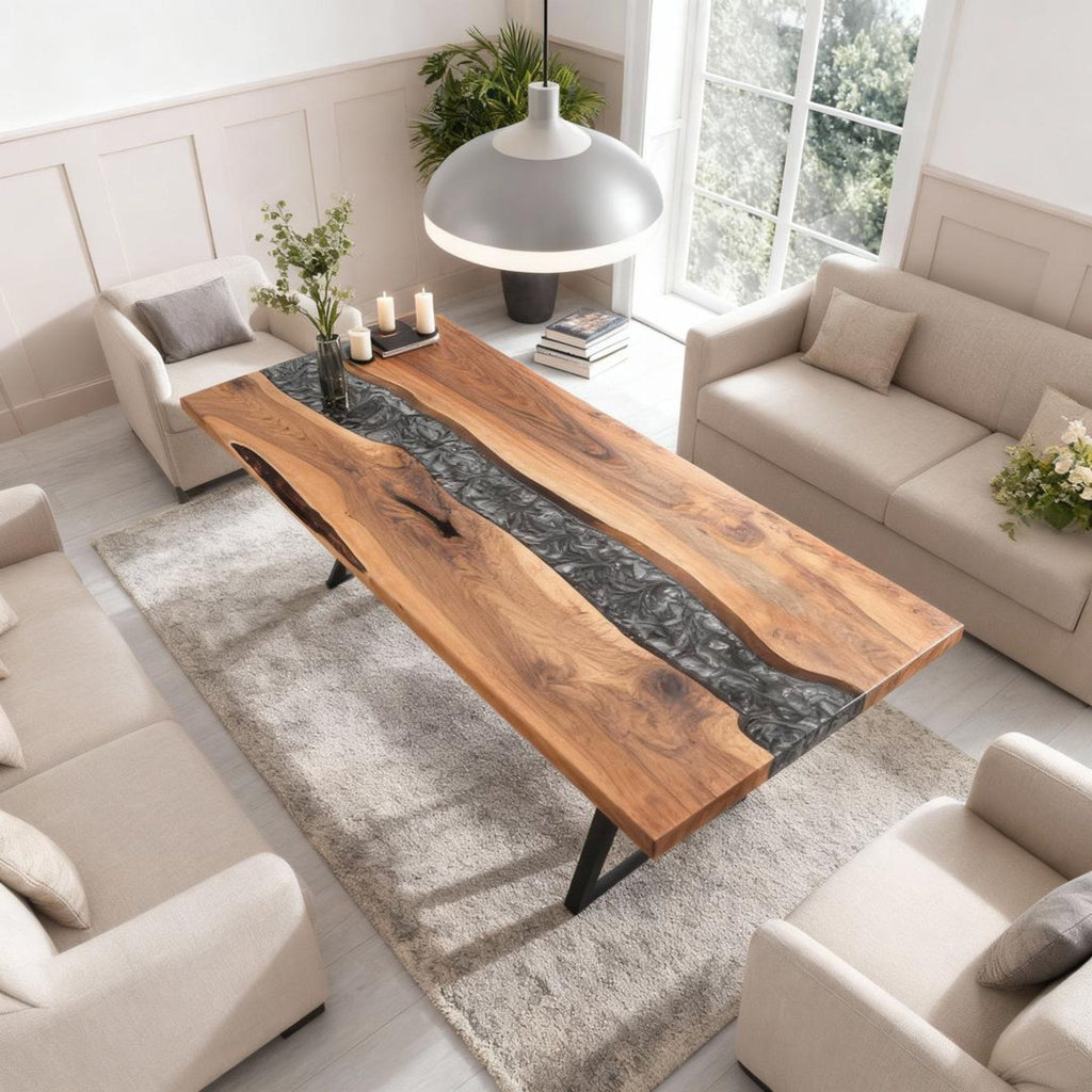 Table rivière sur mesure en résine époxy et noyer noir, Black Pearl NGX-472