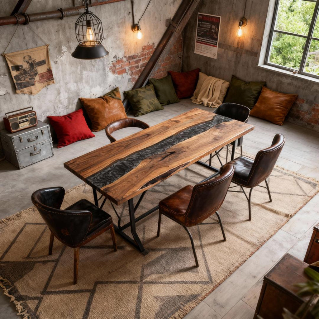 Table rivière sur mesure en résine époxy et noyer noir, Black Pearl NGX-472