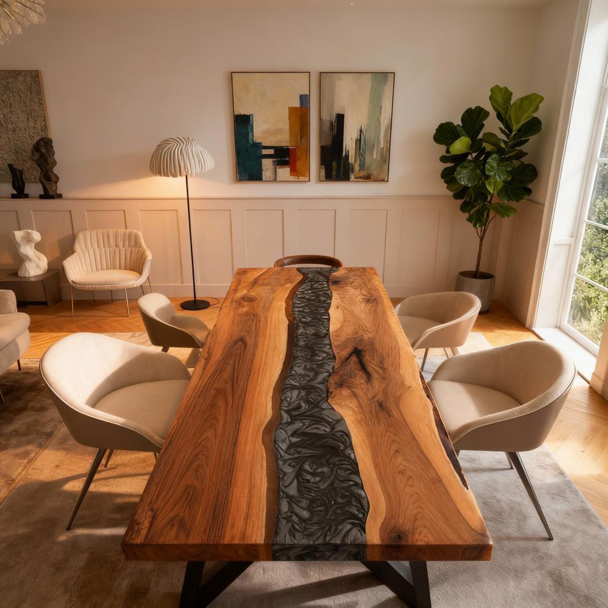 Table rivière sur mesure en résine époxy et noyer noir, Black Pearl NGX-472