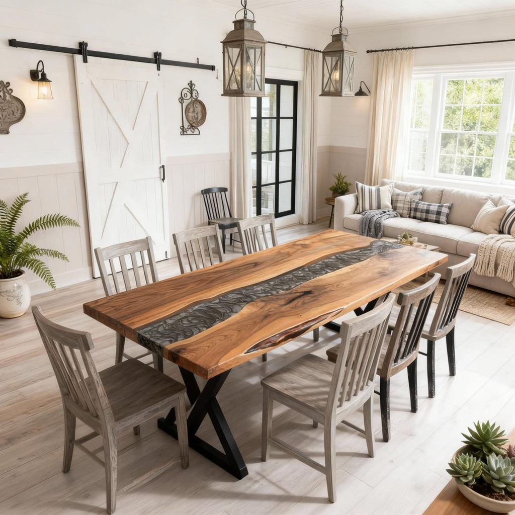 Table rivière sur mesure en résine époxy et noyer noir, Black Pearl NGX-472