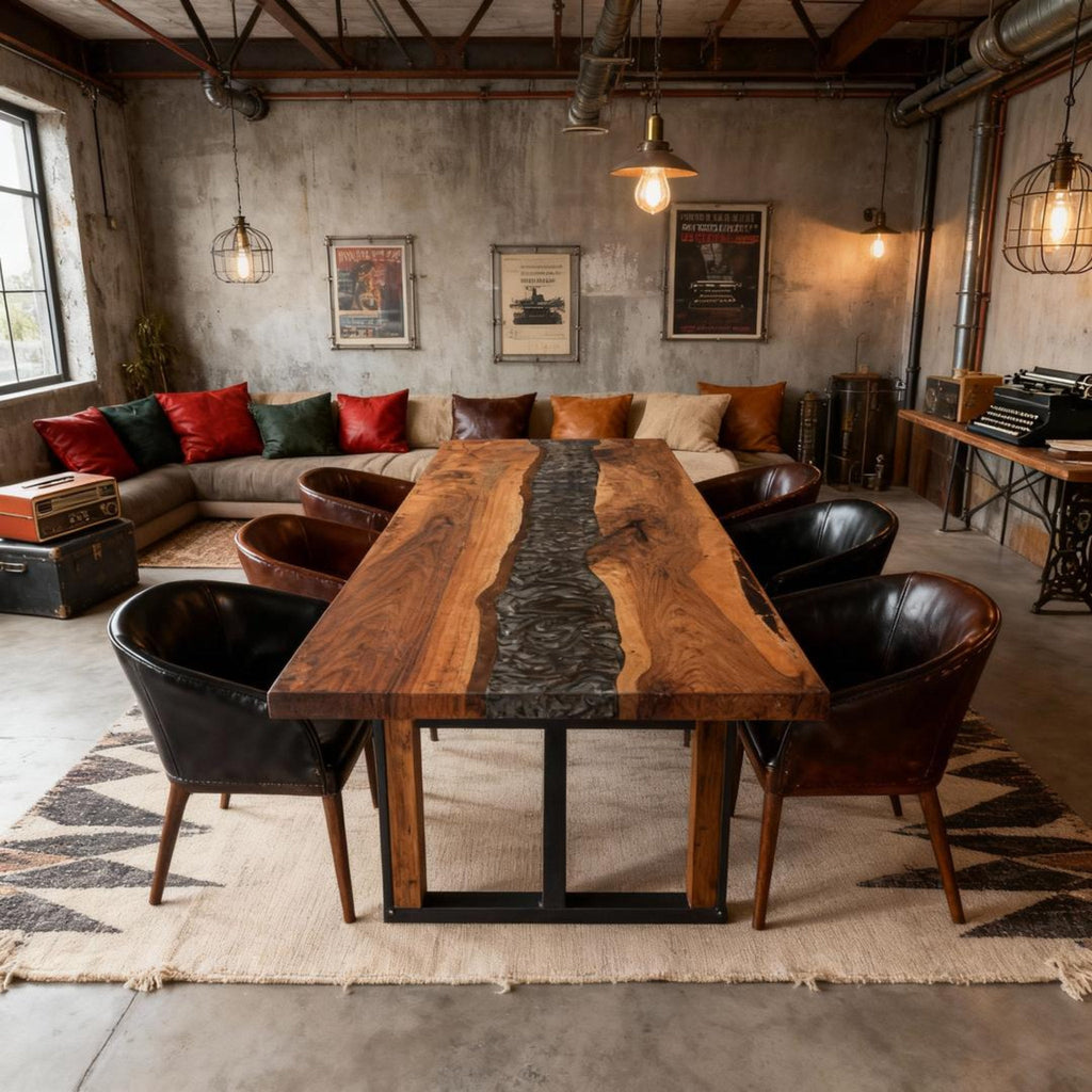 Table rivière sur mesure en résine époxy et noyer noir, Black Pearl NGX-472