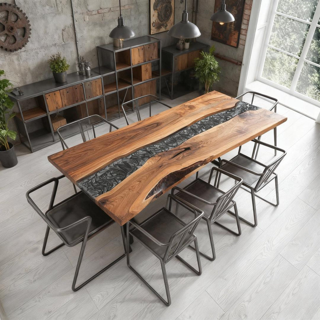 Table rivière sur mesure en résine époxy et noyer noir, Black Pearl NGX-472