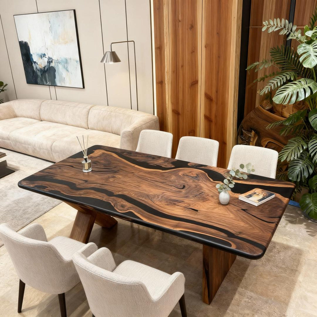 Table rivière sur mesure en résine époxy noyer noir, résine noire ZMP-783