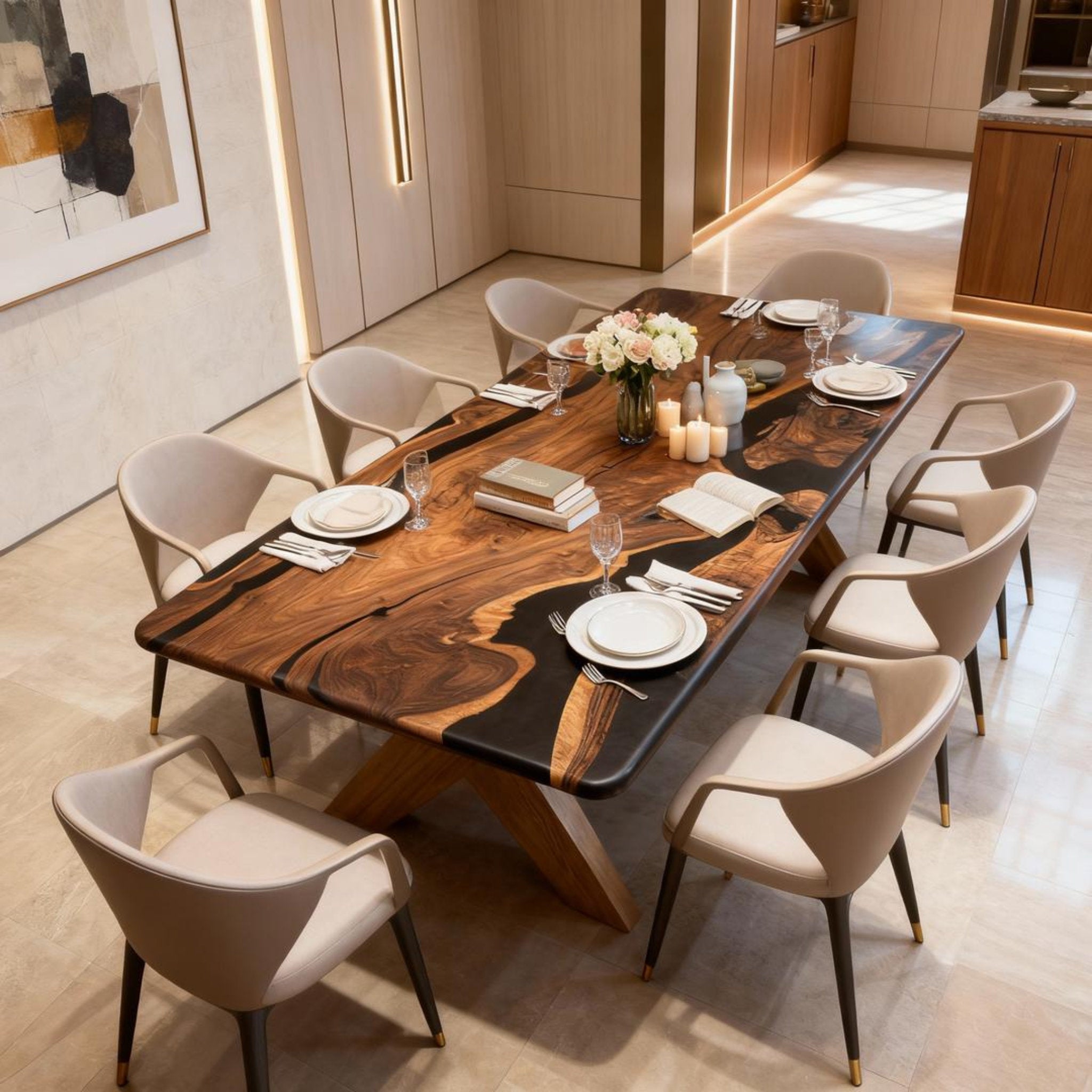 Table rivière sur mesure en résine époxy noyer noir, résine noire ZMP-783