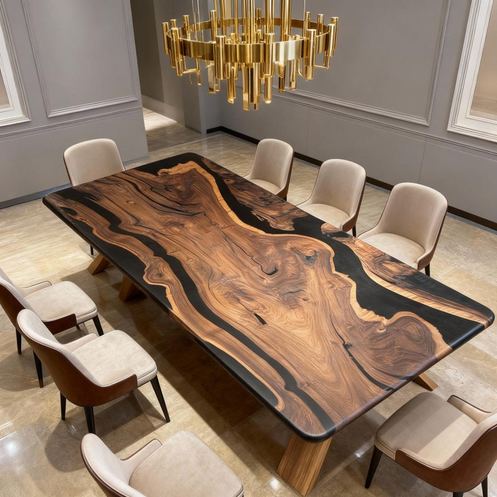 Table rivière sur mesure en résine époxy noyer noir, résine noire ZMP-783