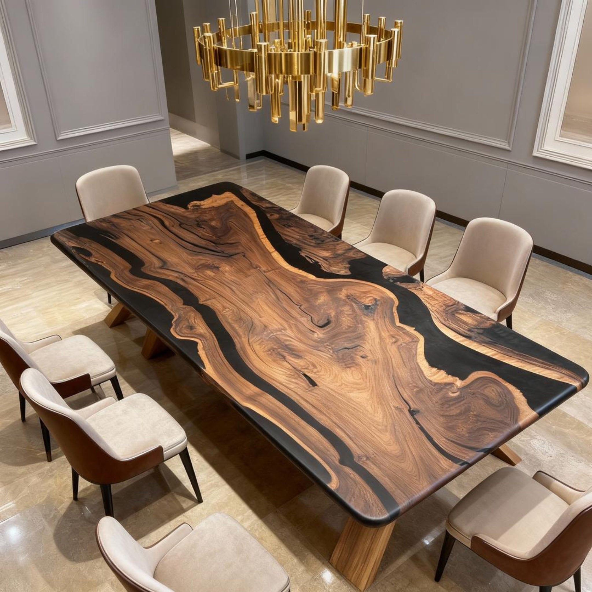 Table rivière sur mesure en résine époxy noyer noir, résine noire ZMP-783