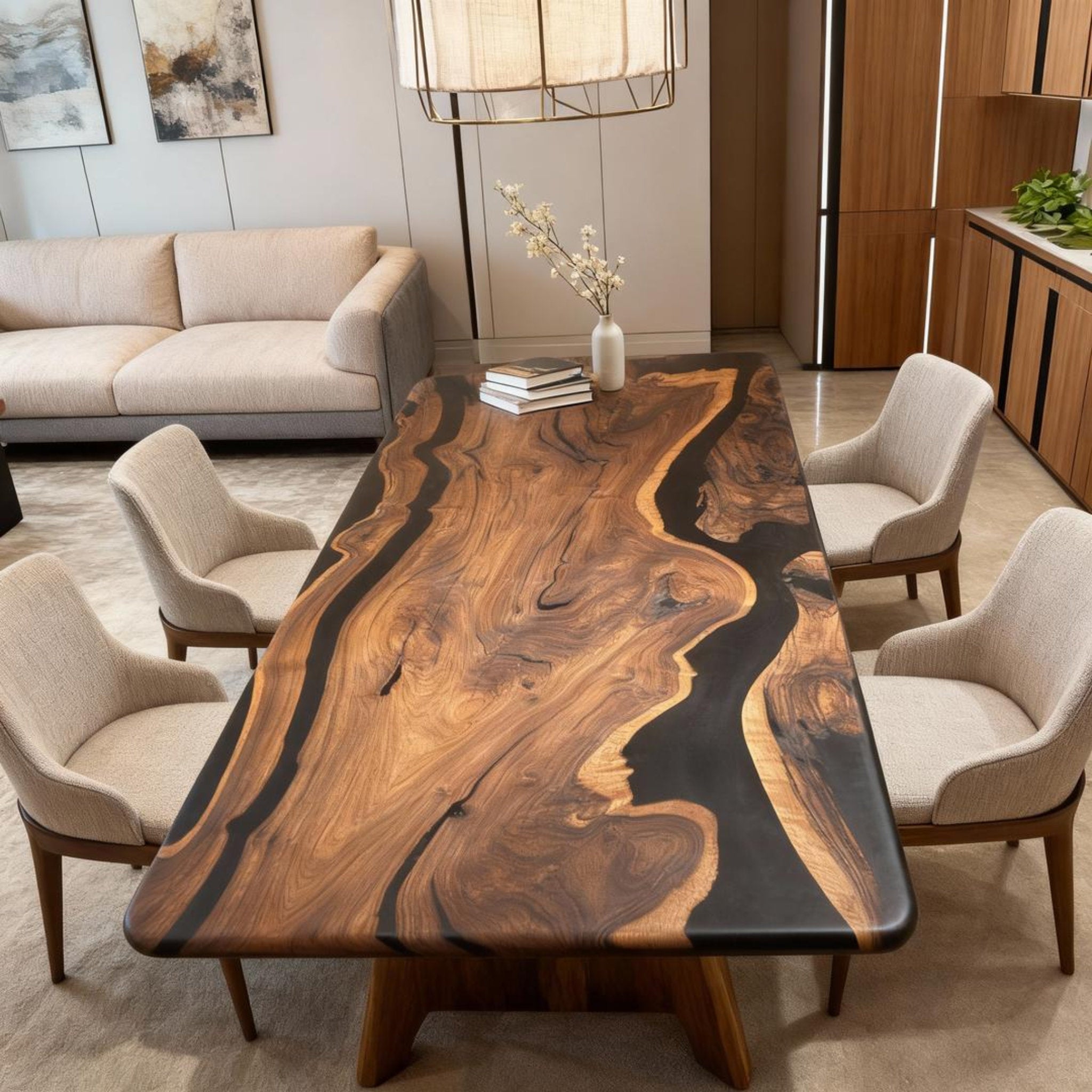 Table rivière sur mesure en résine époxy noyer noir, résine noire ZMP-783