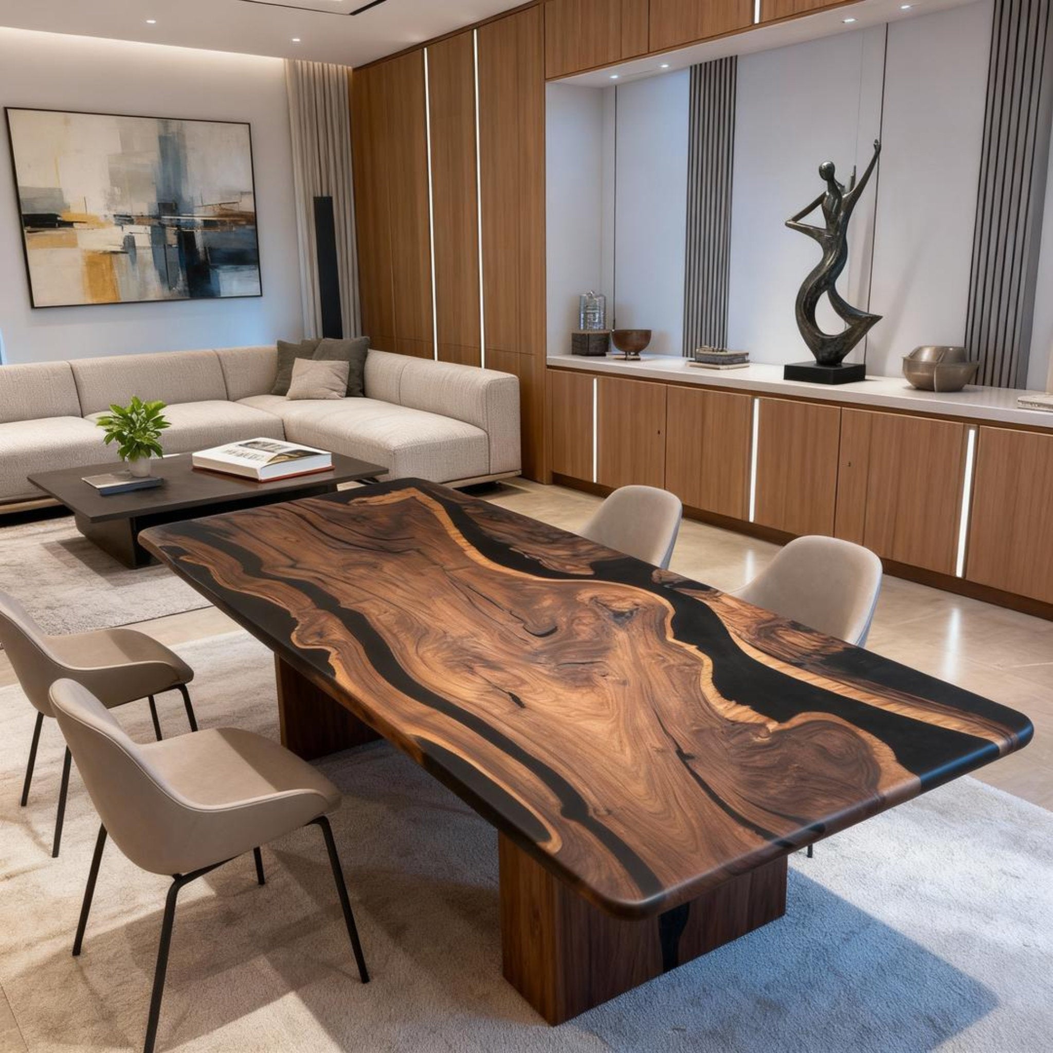 Table rivière sur mesure en résine époxy noyer noir, résine noire ZMP-783