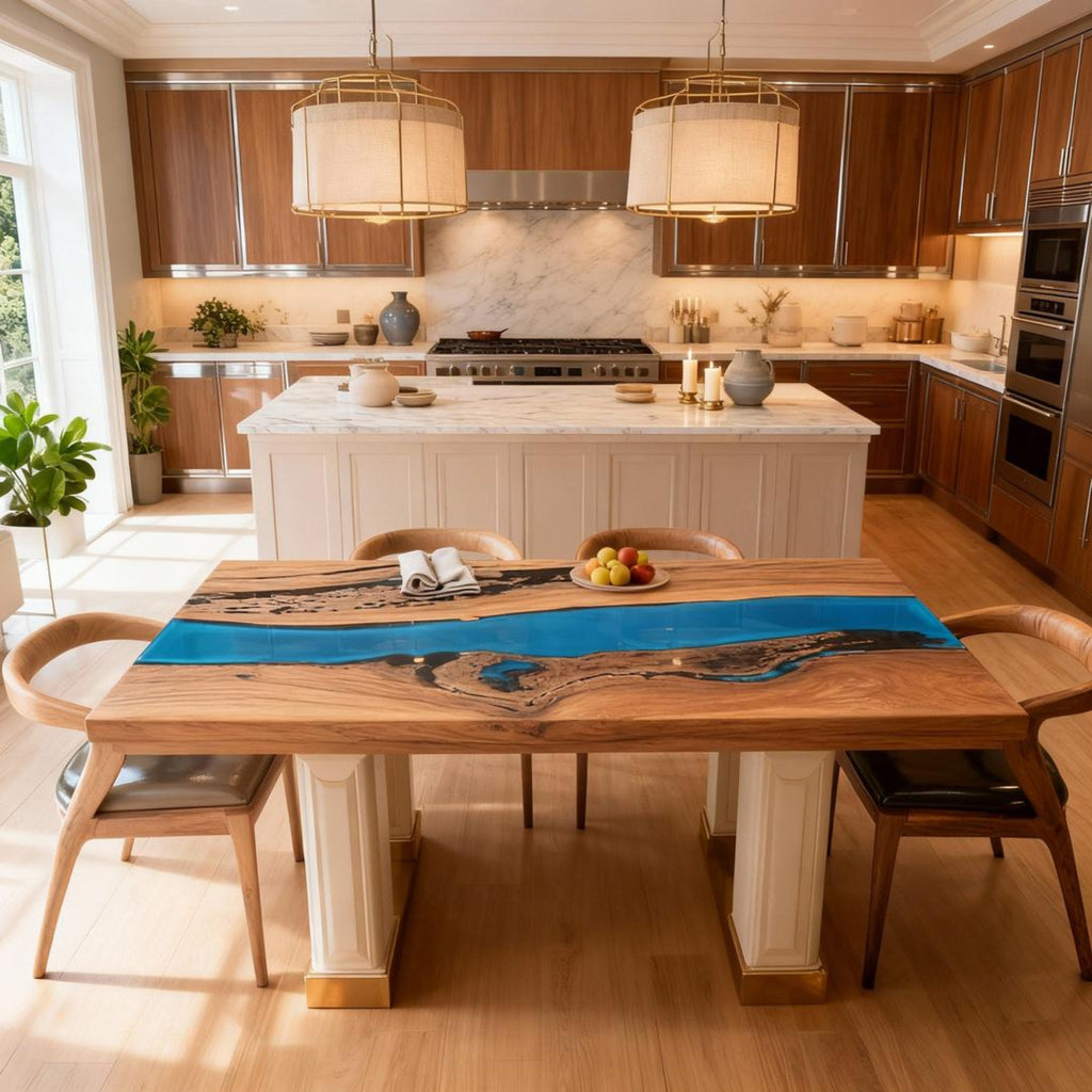 Table rivière personnalisée en résine époxy et noyer noir, couleur turquoise des Caraïbes KDX-742