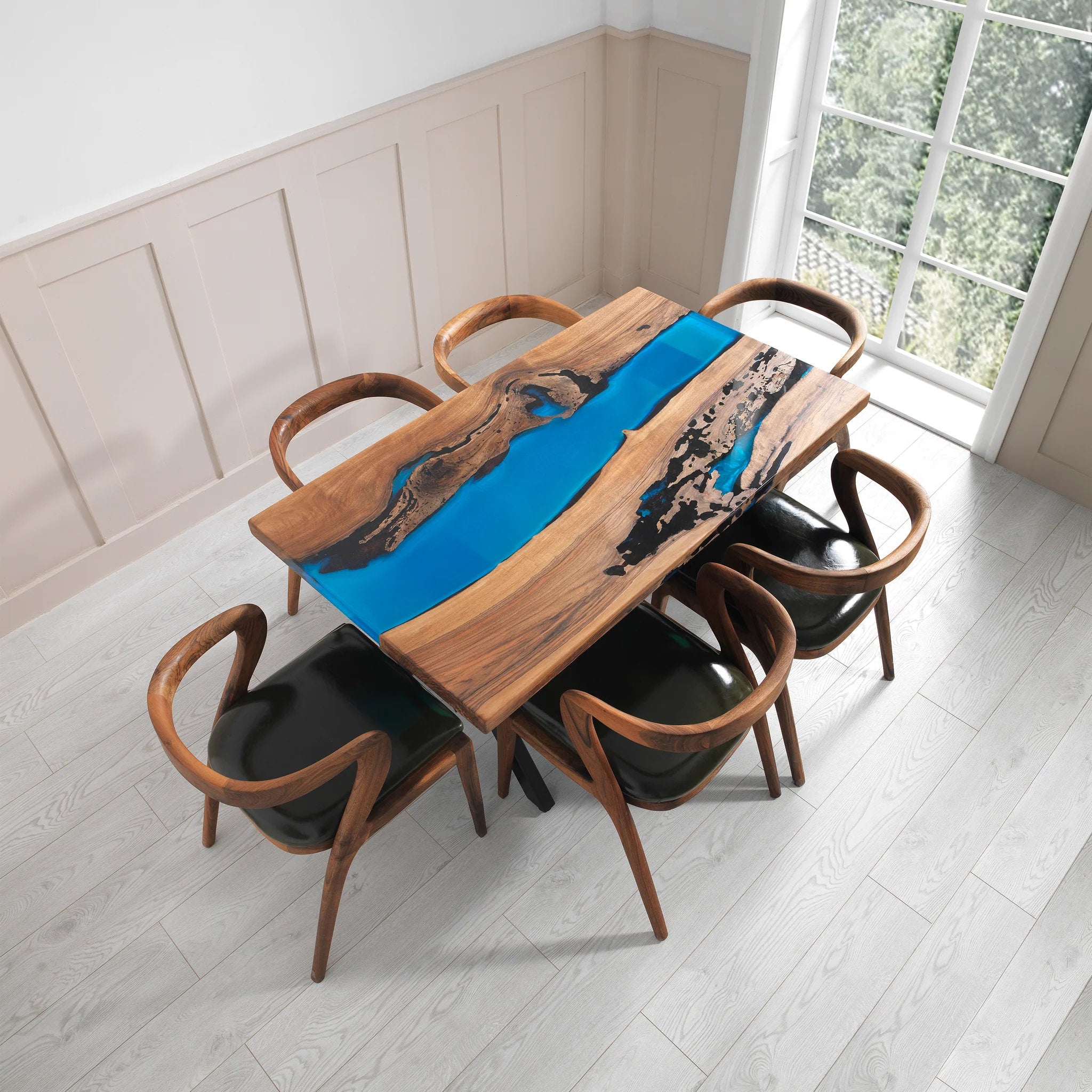 Table rivière personnalisée en résine époxy et noyer noir, couleur turquoise des Caraïbes KDX-742