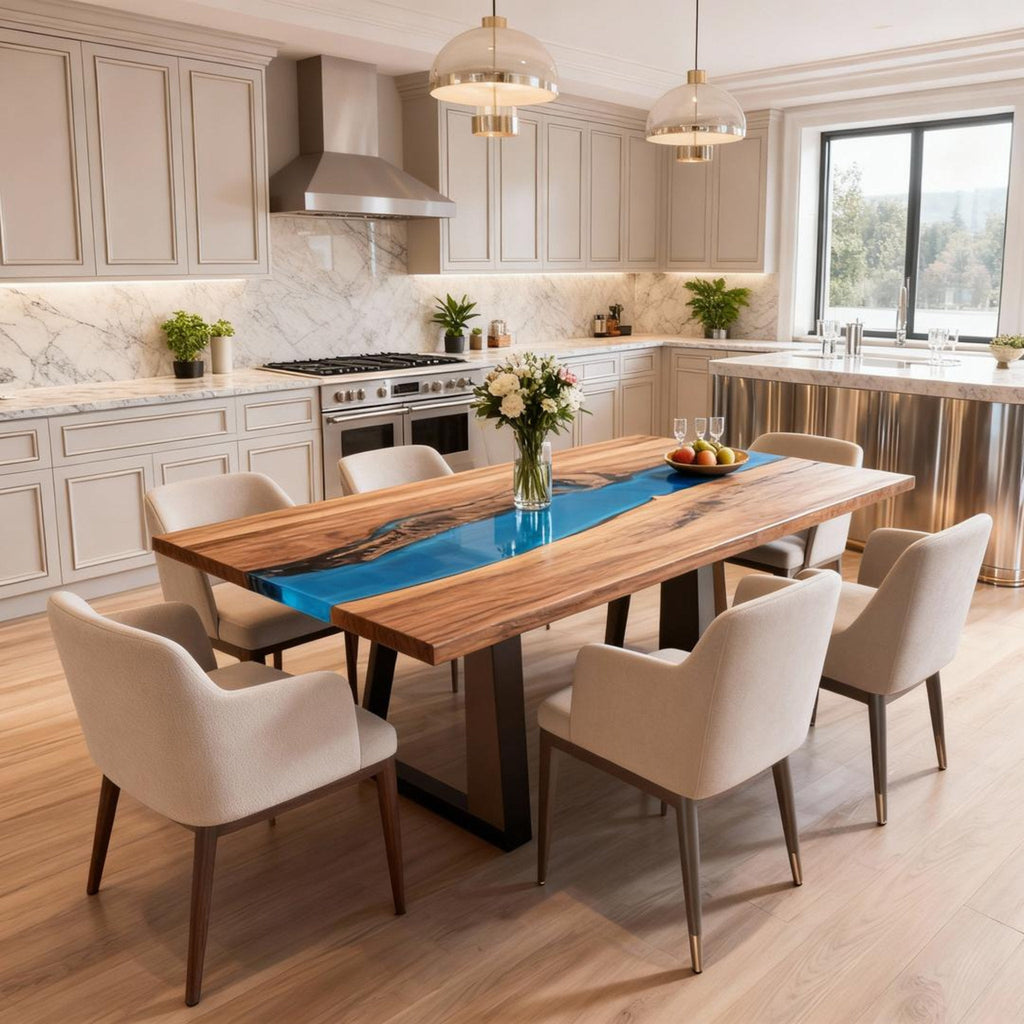 Table rivière personnalisée en résine époxy et noyer noir, couleur turquoise des Caraïbes KDX-742