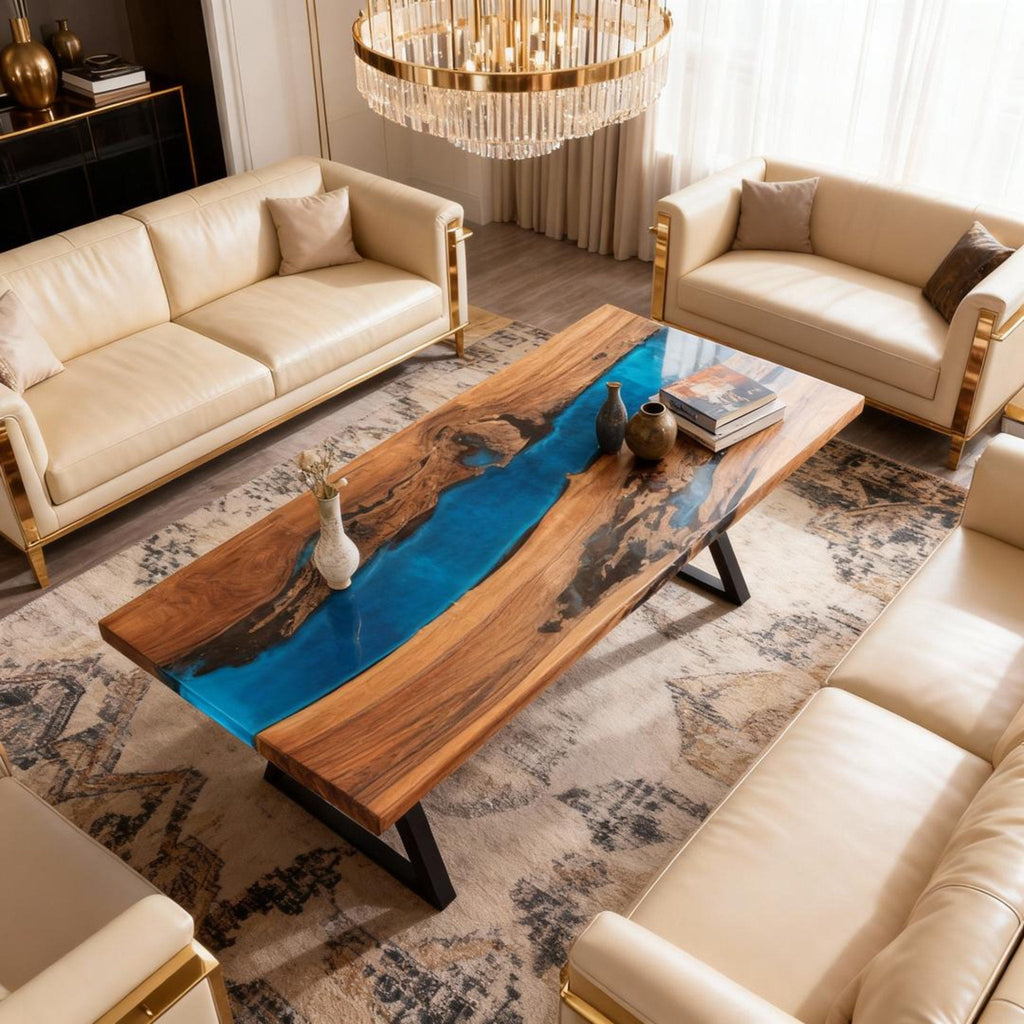 Table rivière personnalisée en résine époxy et noyer noir, couleur turquoise des Caraïbes KDX-742