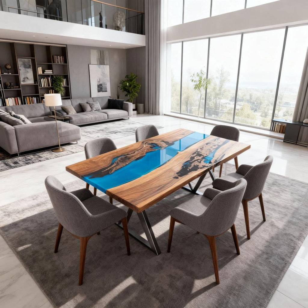 Table rivière personnalisée en résine époxy et noyer noir, couleur turquoise des Caraïbes KDX-742