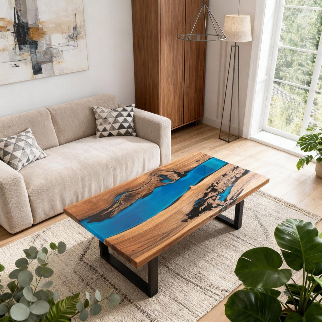 Table rivière personnalisée en résine époxy et noyer noir, couleur turquoise des Caraïbes KDX-742