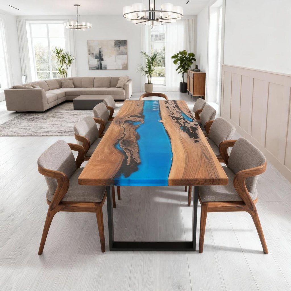 Table rivière personnalisée en résine époxy et noyer noir, couleur turquoise des Caraïbes KDX-742