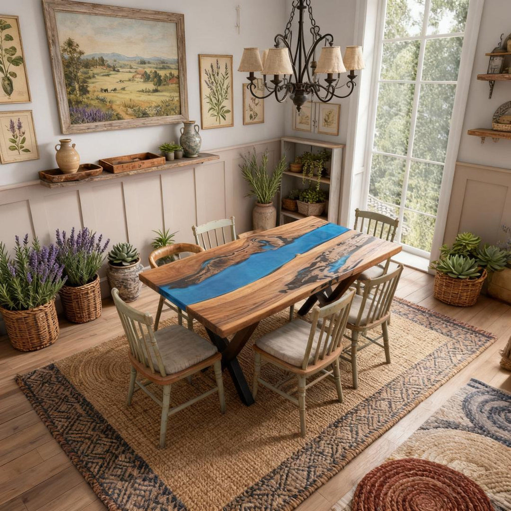 Table rivière personnalisée en résine époxy et noyer noir, couleur turquoise des Caraïbes KDX-742