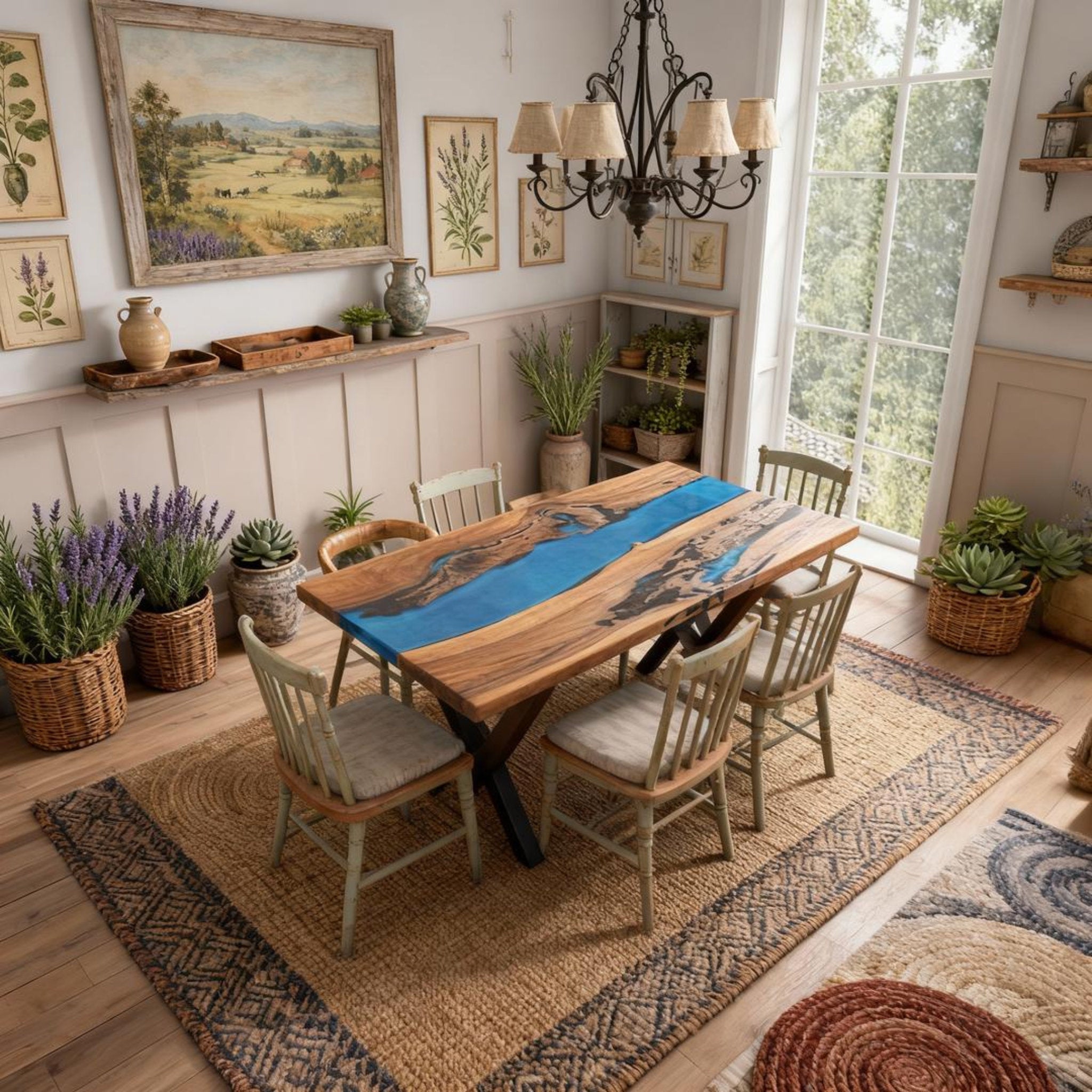 Table rivière personnalisée en résine époxy et noyer noir, couleur turquoise des Caraïbes KDX-742