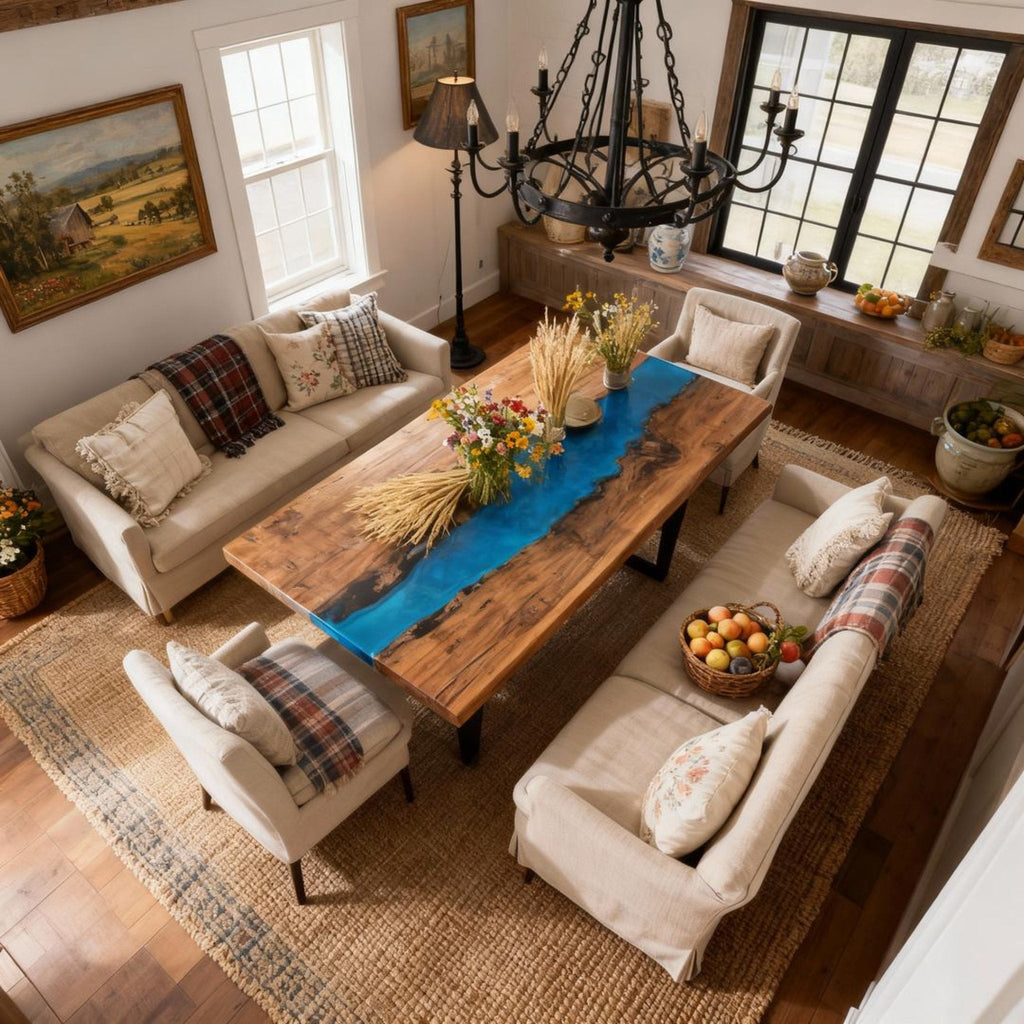 Table rivière personnalisée en résine époxy et noyer noir, couleur turquoise des Caraïbes KDX-742