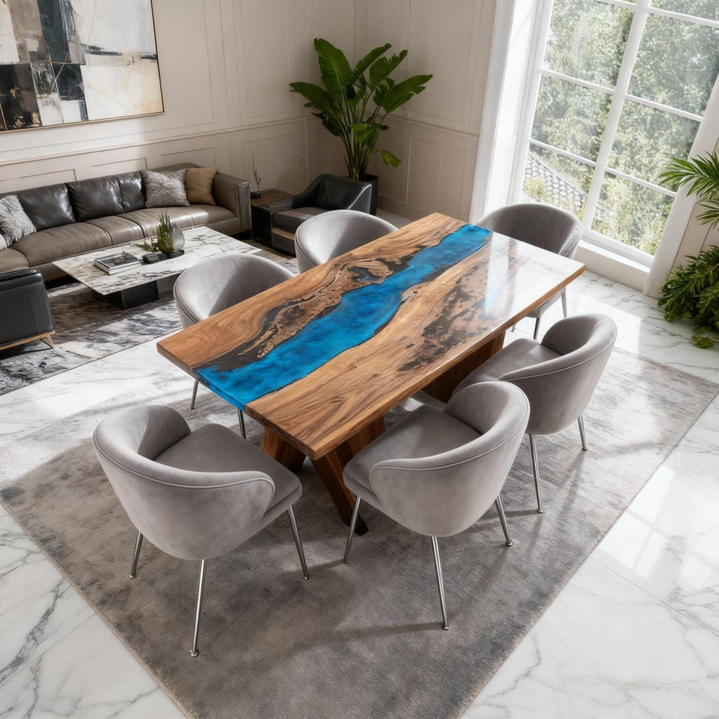 Table rivière personnalisée en résine époxy et noyer noir, couleur turquoise des Caraïbes KDX-742