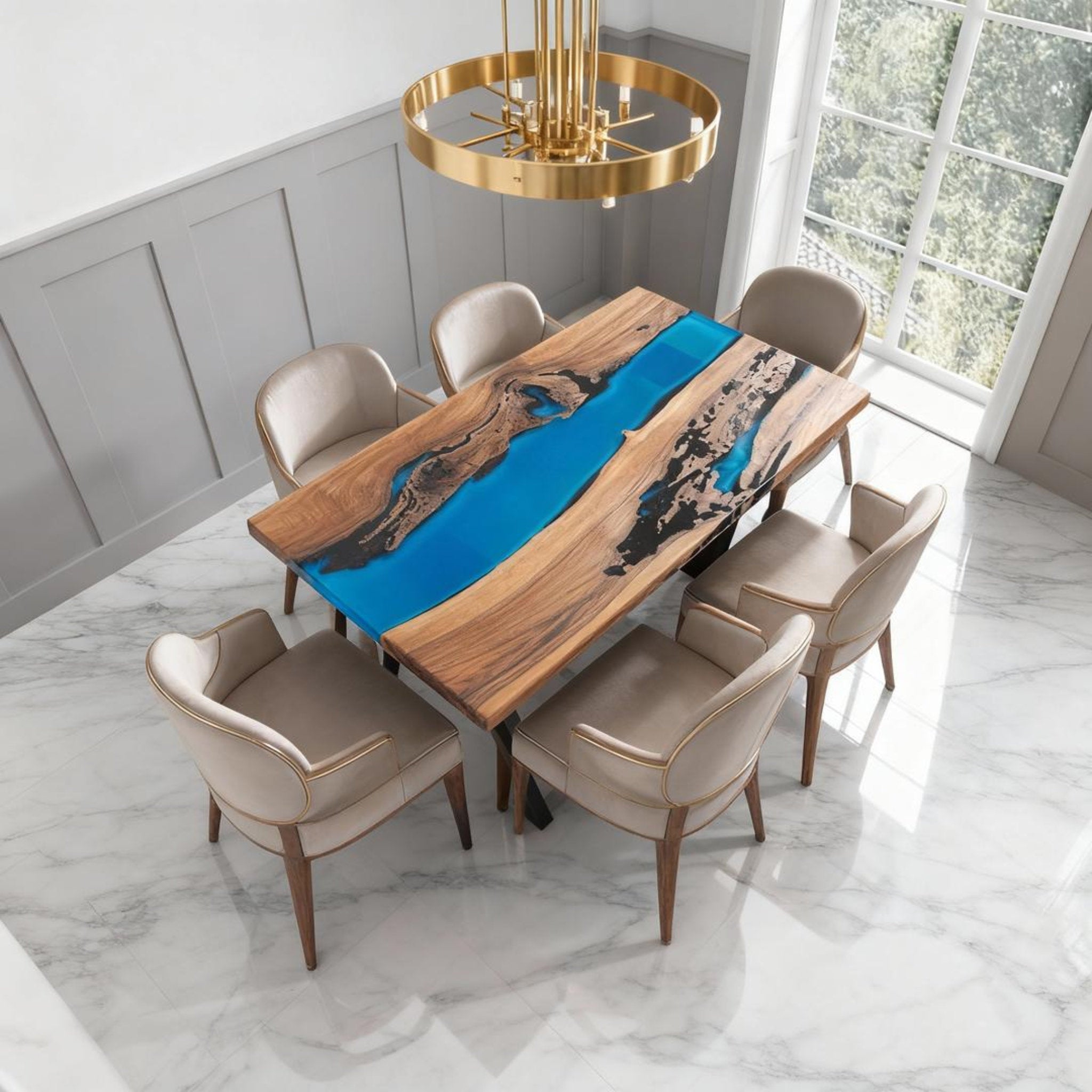 Table rivière personnalisée en résine époxy et noyer noir, couleur turquoise des Caraïbes KDX-742