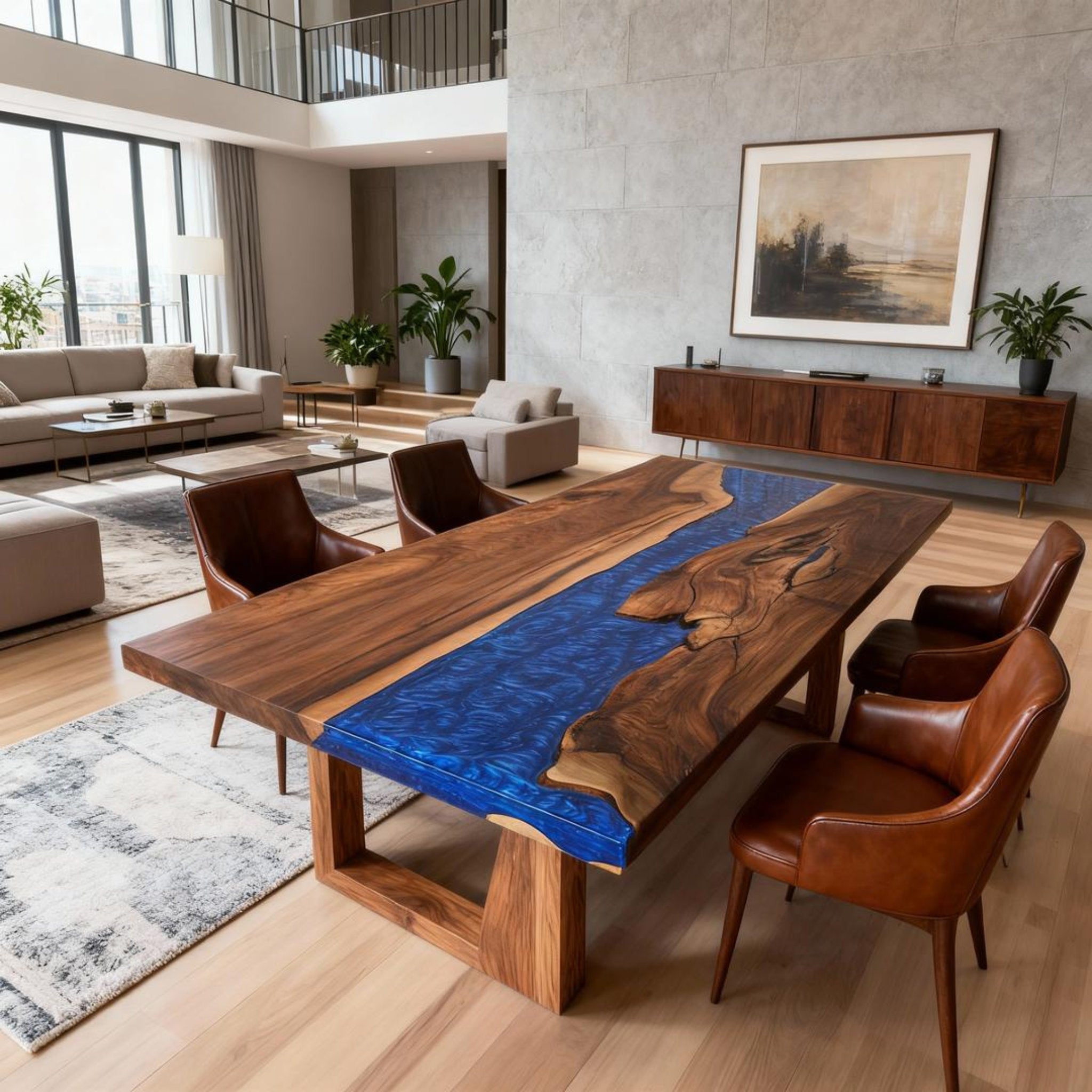 Table rivière sur mesure en résine époxy et noyer noir, couleur saphir cobalt ZKM-582