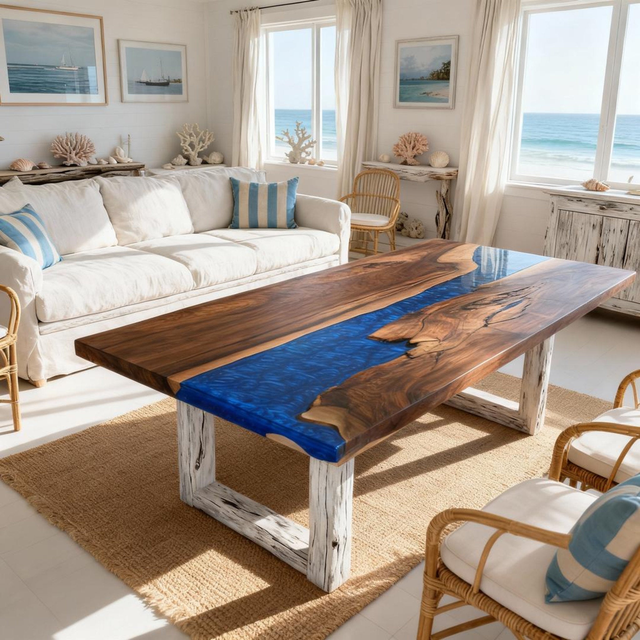 Table rivière sur mesure en résine époxy et noyer noir, couleur saphir cobalt ZKM-582