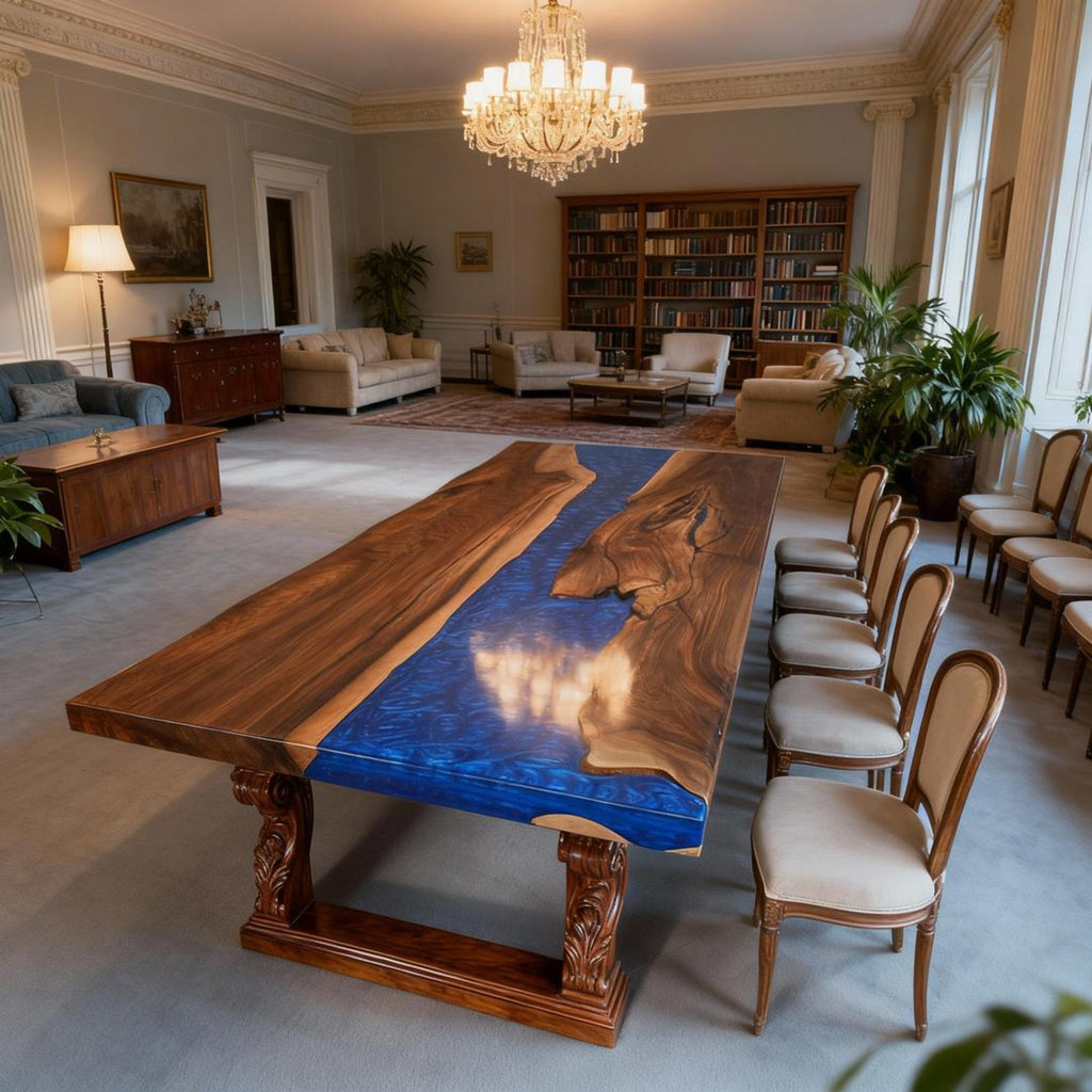 Custom Black Walnut Epoxy Resin River Table Cobalt Sapphire ZKM-582