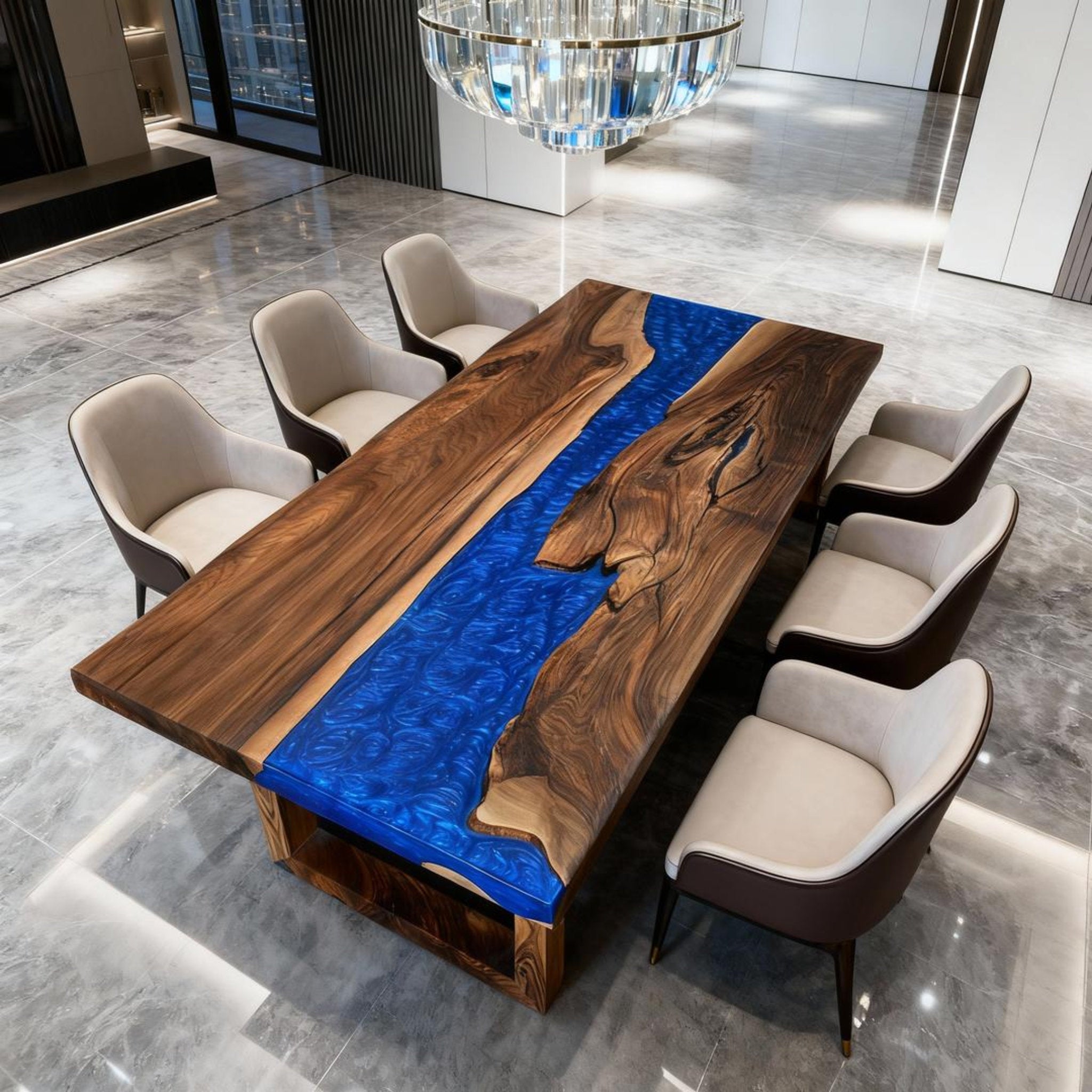 Table rivière sur mesure en résine époxy et noyer noir, couleur saphir cobalt ZKM-582