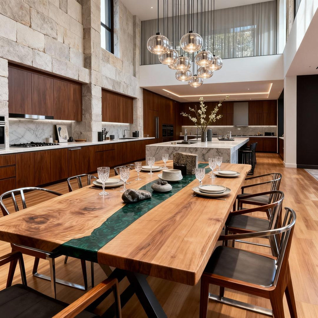 Custom Black Walnut Epoxy Resin River Table Deep Emerald NQJ-742