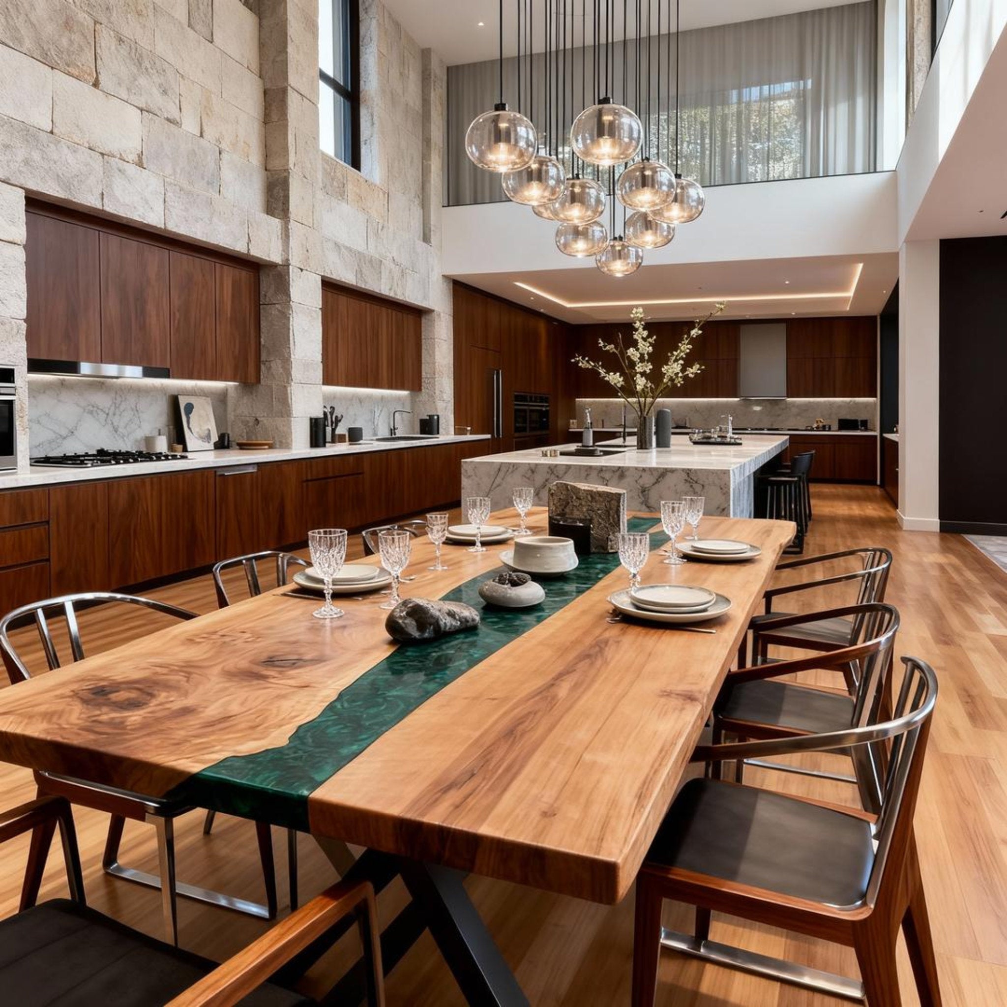 Custom Black Walnut Epoxy Resin River Table Deep Emerald NQJ-742